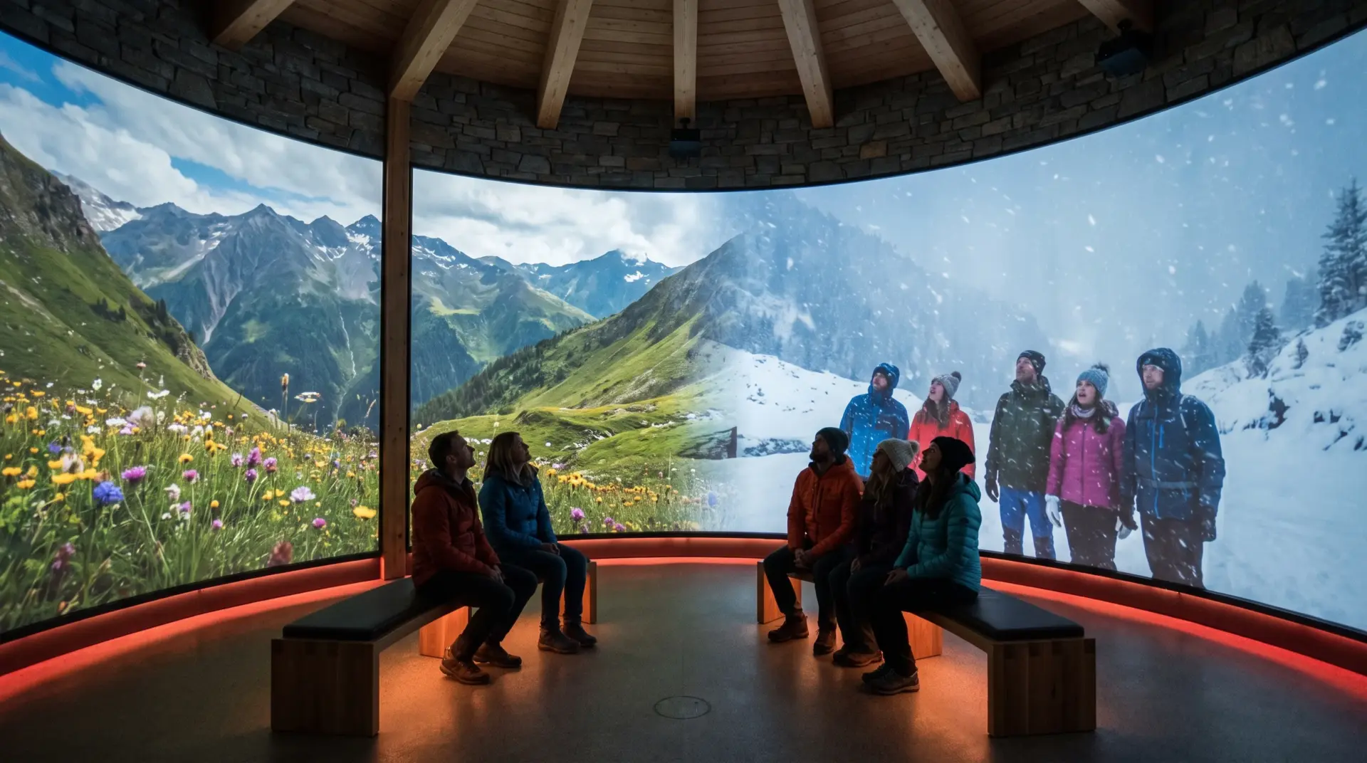 Besucher stehen in einem Raum mit raumhohen Projektionen der Bergjahreszeiten von Sommer bis Winter
