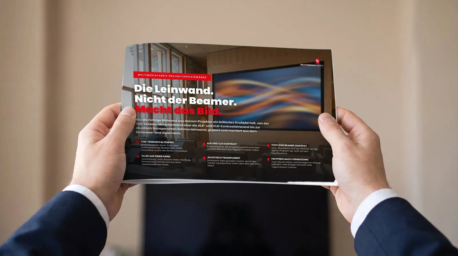 ePaper Bildwand, Kontrastleinwand, Tab-Tensionleinwand der MULTIMEDIAFABRIK