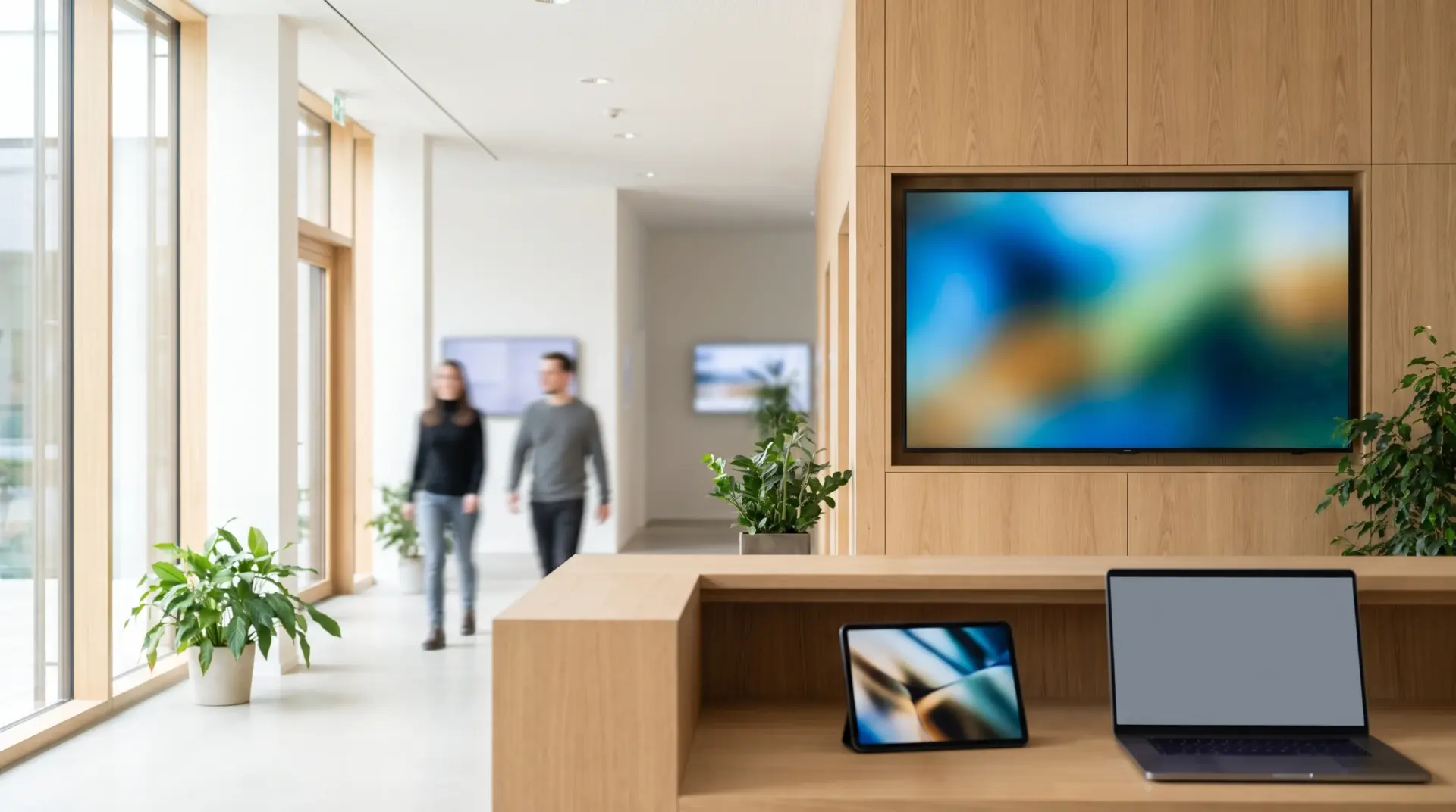 Moderner heller Empfangsbereich mit großem Digital-Signage-Display an einer Holzwand