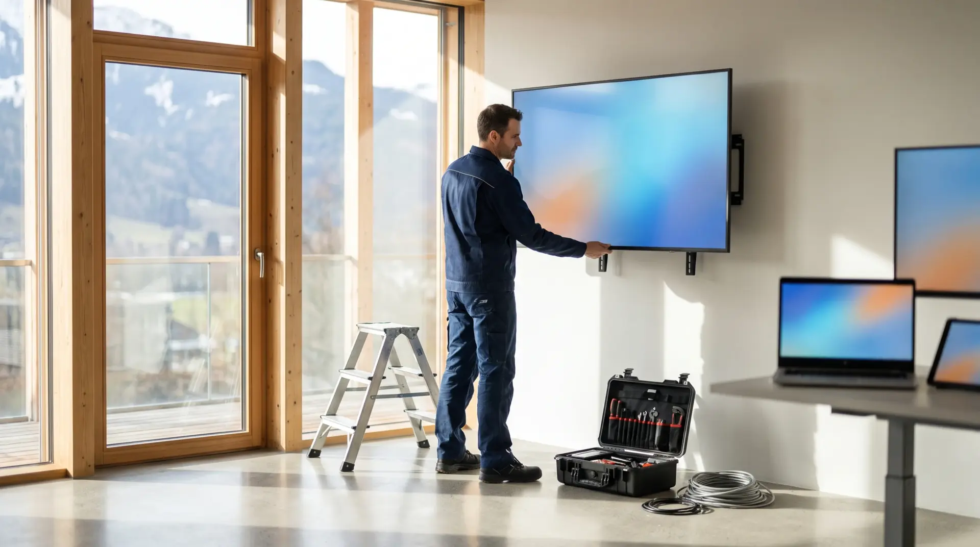 Servicetechniker montiert ein großes Profi-Display an einer Wandhalterung