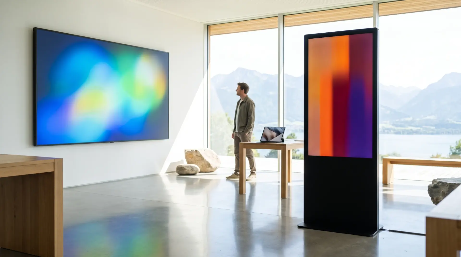 Wandmontiertes Landscape-Display und freistehende digitale Stele nebeneinander in einem hellen Showroom