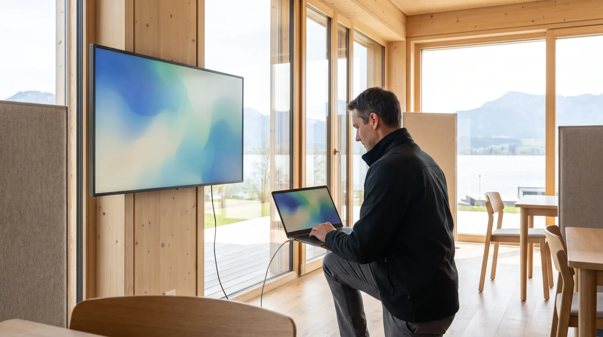 Servicetechniker prüft mit einem Laptop ein wandmontiertes Display im laufenden Betrieb