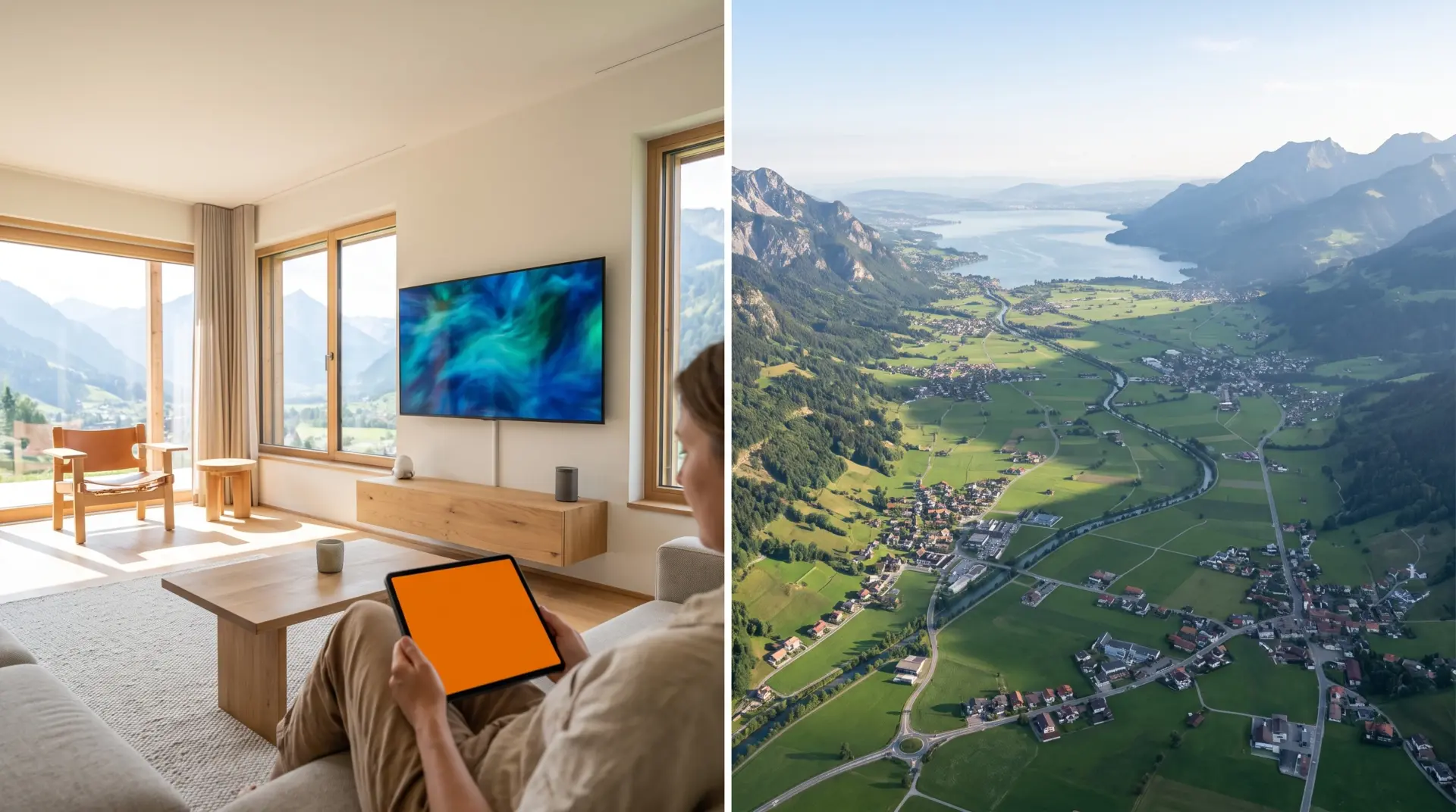 Luftaufnahme des Vorarlberger Rheintals mit Bodensee im Hintergrund und Alpen an beiden Seiten
