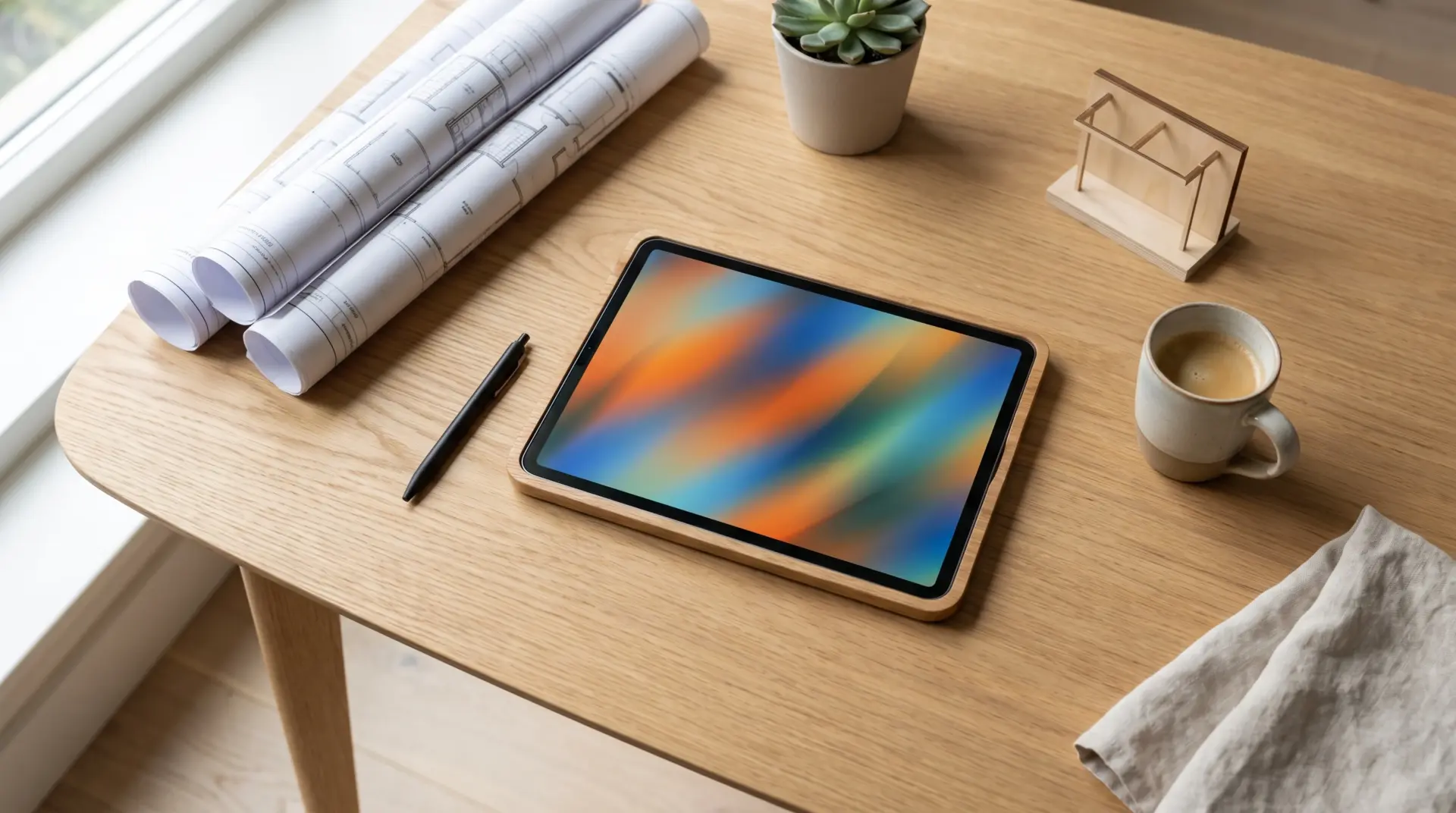 Grundrisse, Tablet und Modell einer Display-Stele auf einem hellen Eichentisch