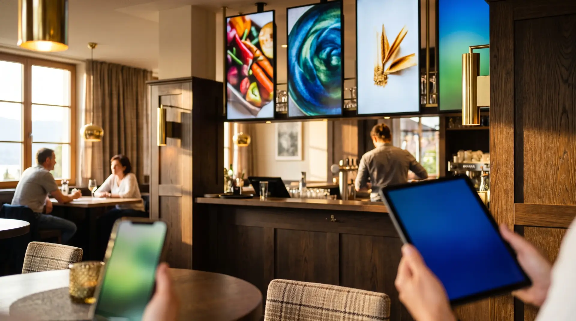 Drei digitale Menüboards über der Theke einer modernen Alpen-Gastronomie