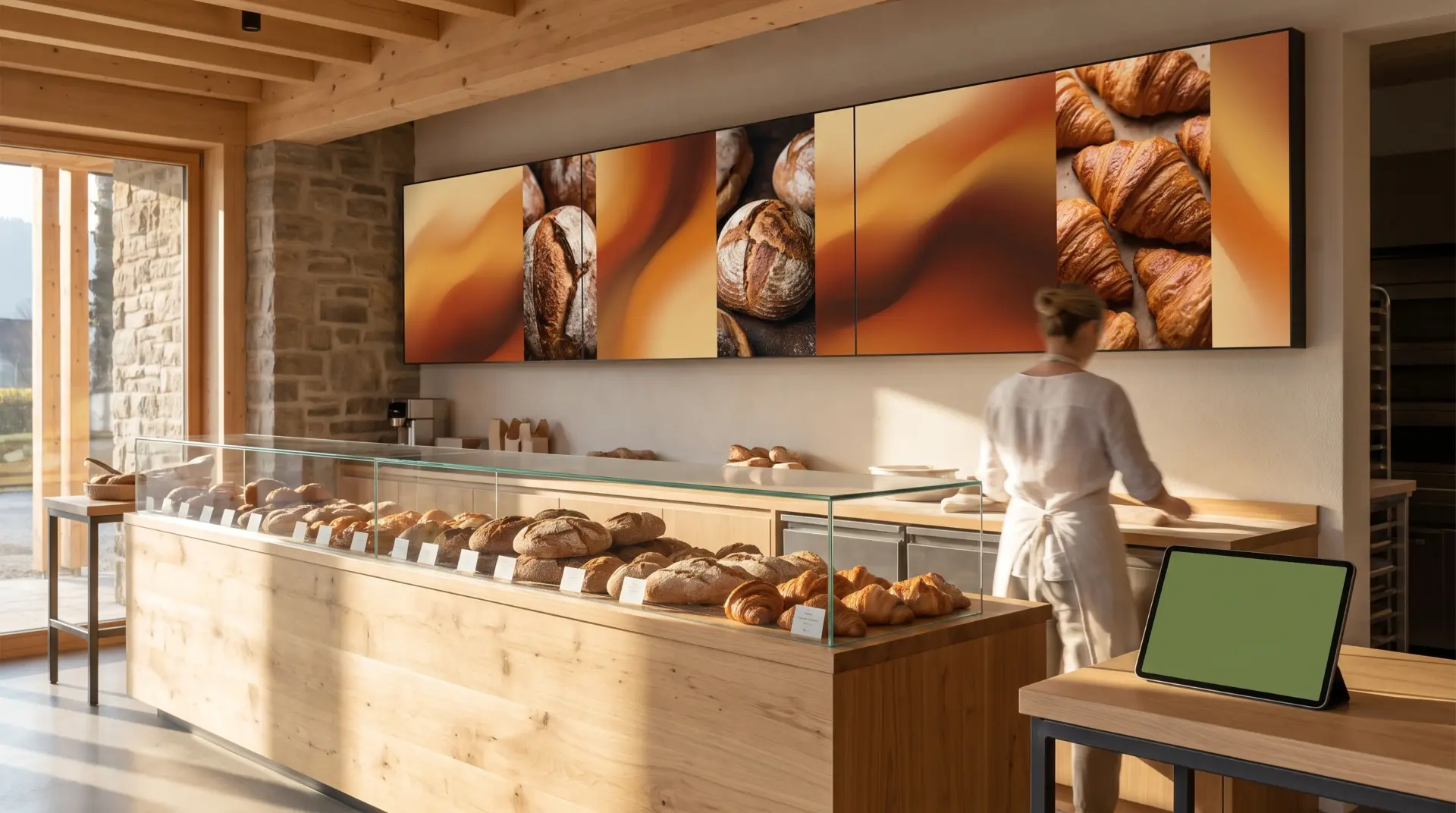 Digitale Preistafel über der Verkaufstheke einer modernen Bäckerei mit Brot und Gebäck