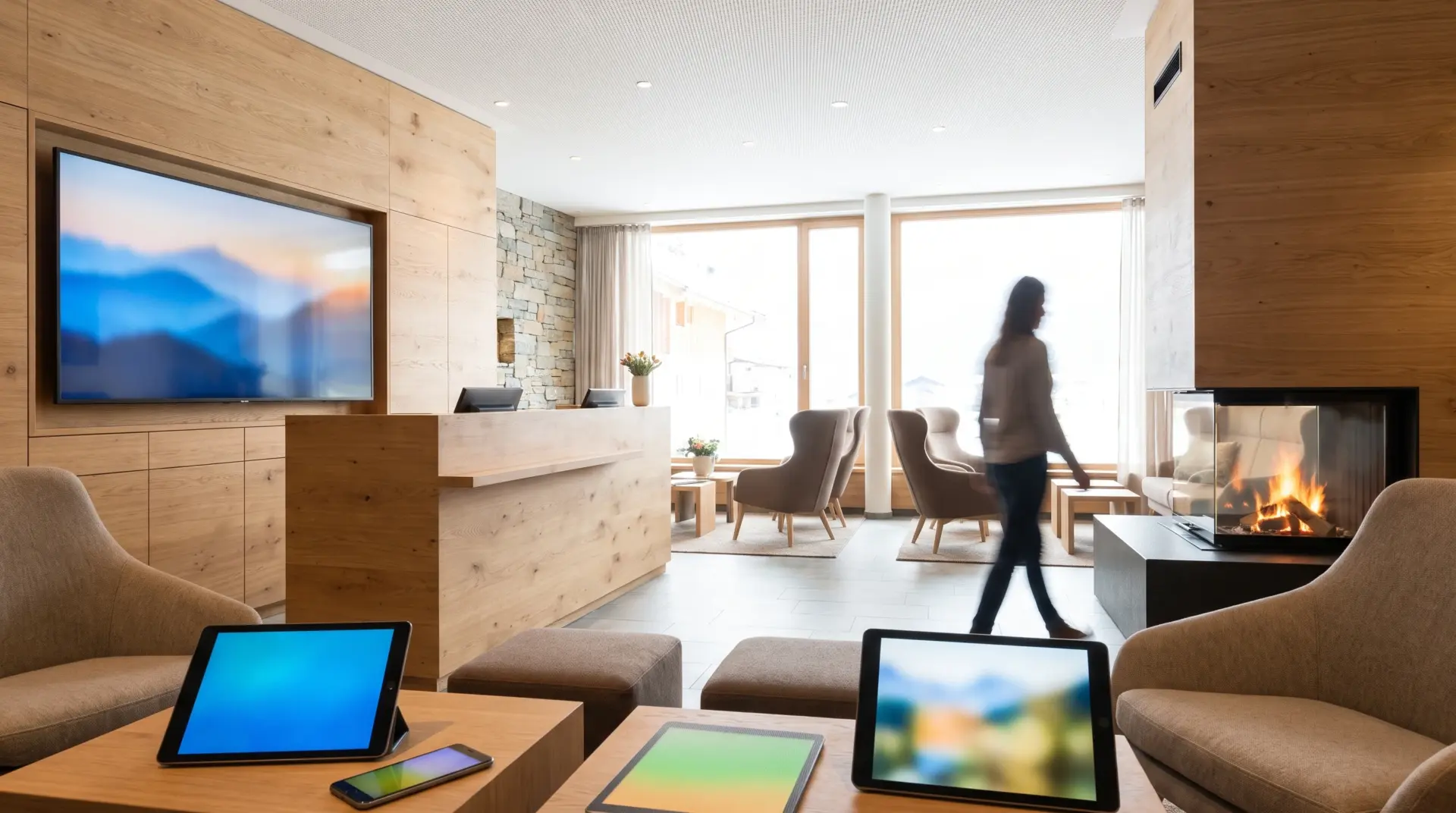 Großes Informationsdisplay neben der Rezeption in der Lobby eines Alpenhotels