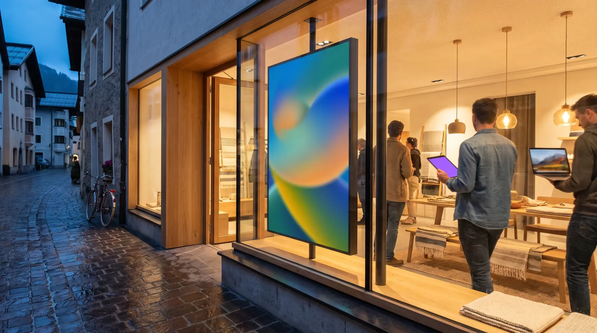 Helles Schaufenster-Display in einem Ladengeschäft, von der Straße aus bei Dämmerung gesehen