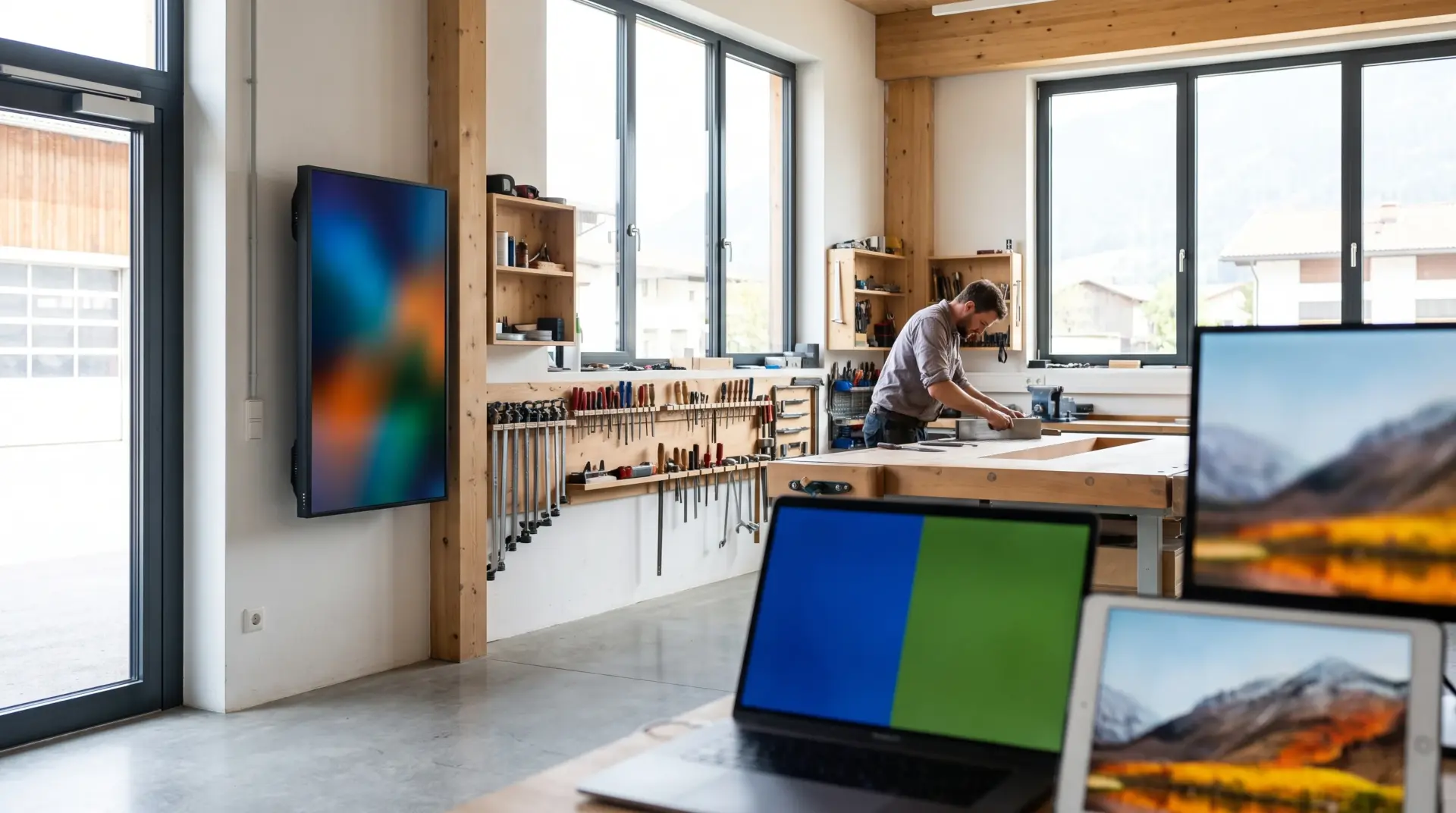 Robustes Wanddisplay am Eingang einer aufgeräumten Handwerkstatt