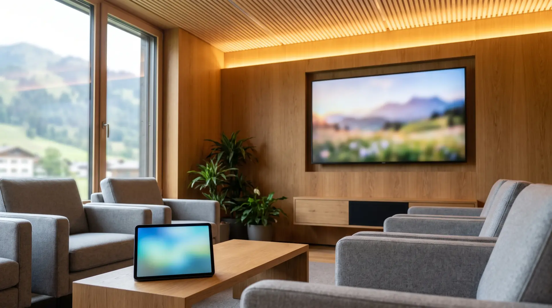 Ruhiges helles Wartezimmer einer Arztpraxis mit wandmontiertem Informationsdisplay