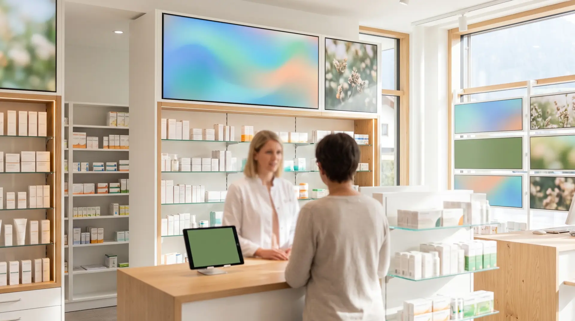Breites Informationsdisplay über dem Verkaufstresen einer modernen Apotheke