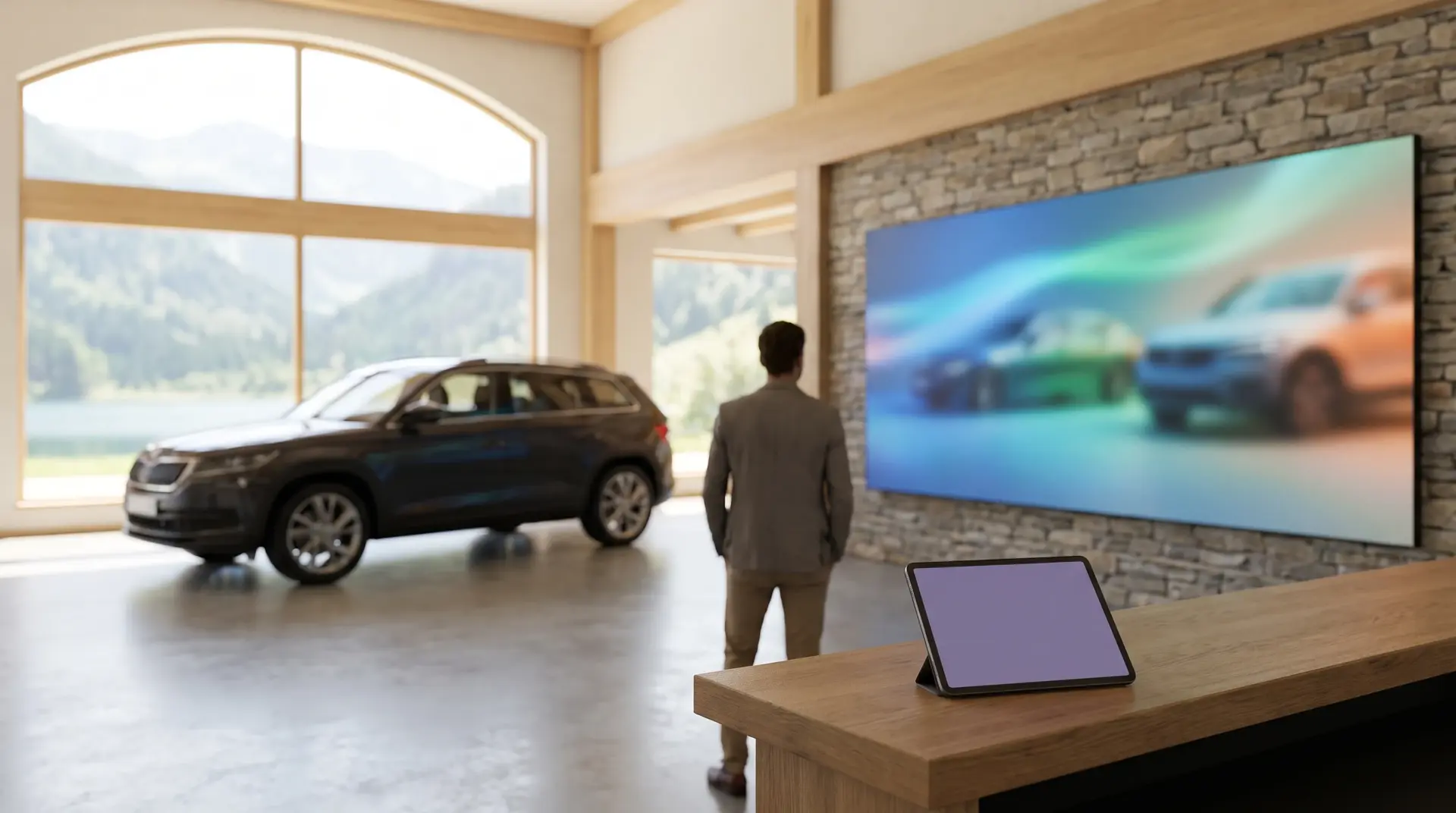 Großes Display an der Wand eines hellen Autohaus-Showrooms mit Fahrzeug im Hintergrund