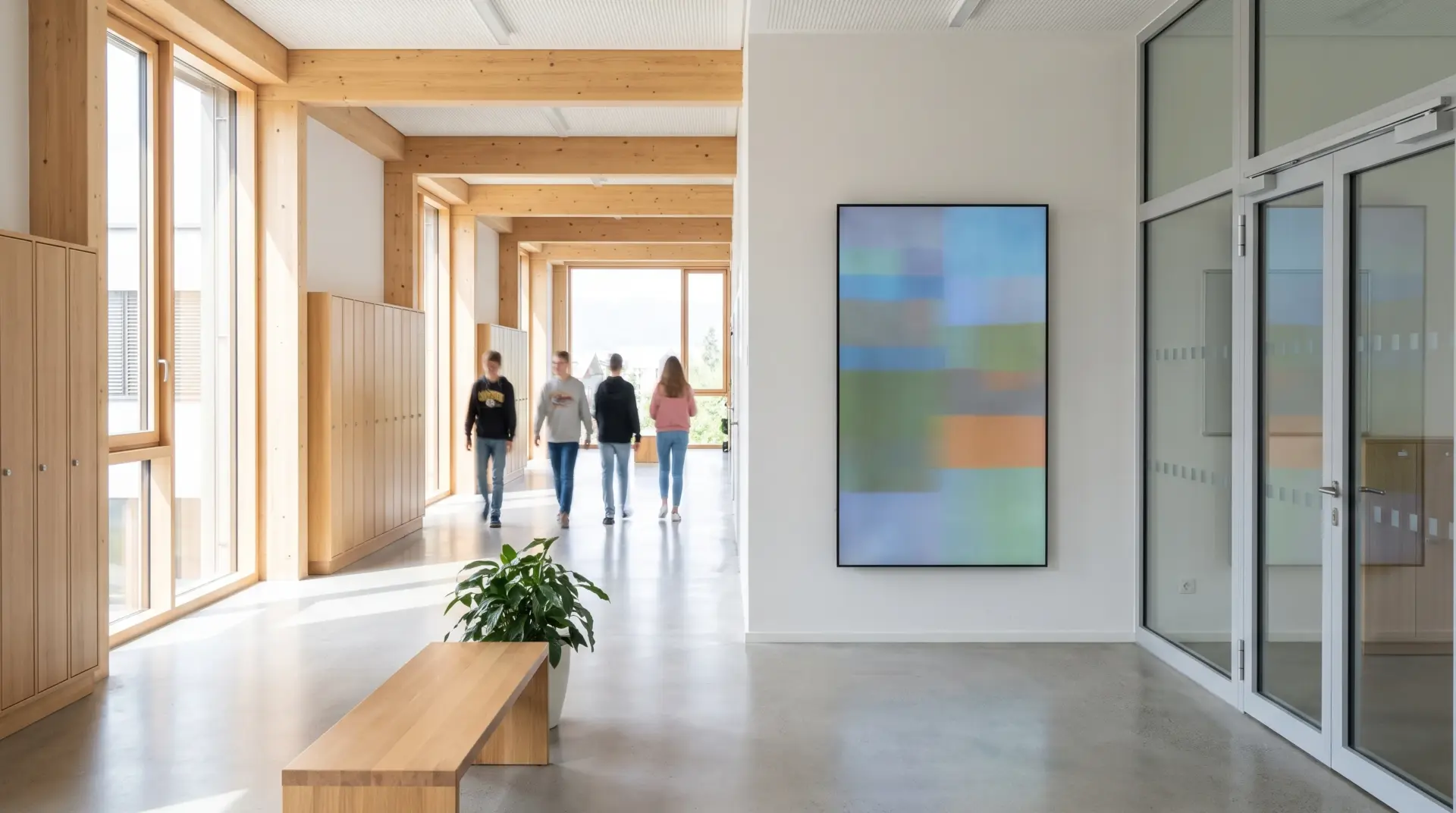 Wandmontiertes Hochformat-Display im hellen Flur einer modernen Schule