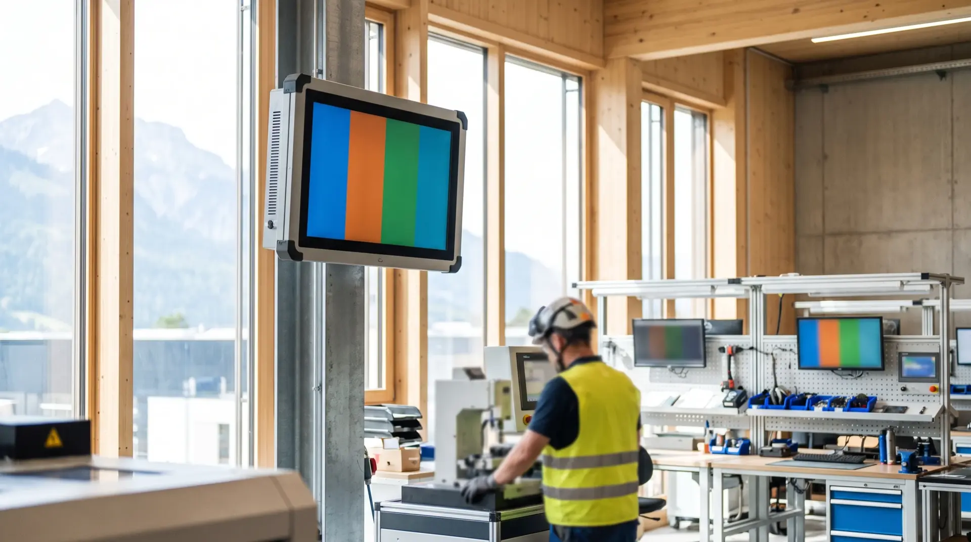 Robustes Industriedisplay an einer Säule in einer hellen Produktionshalle