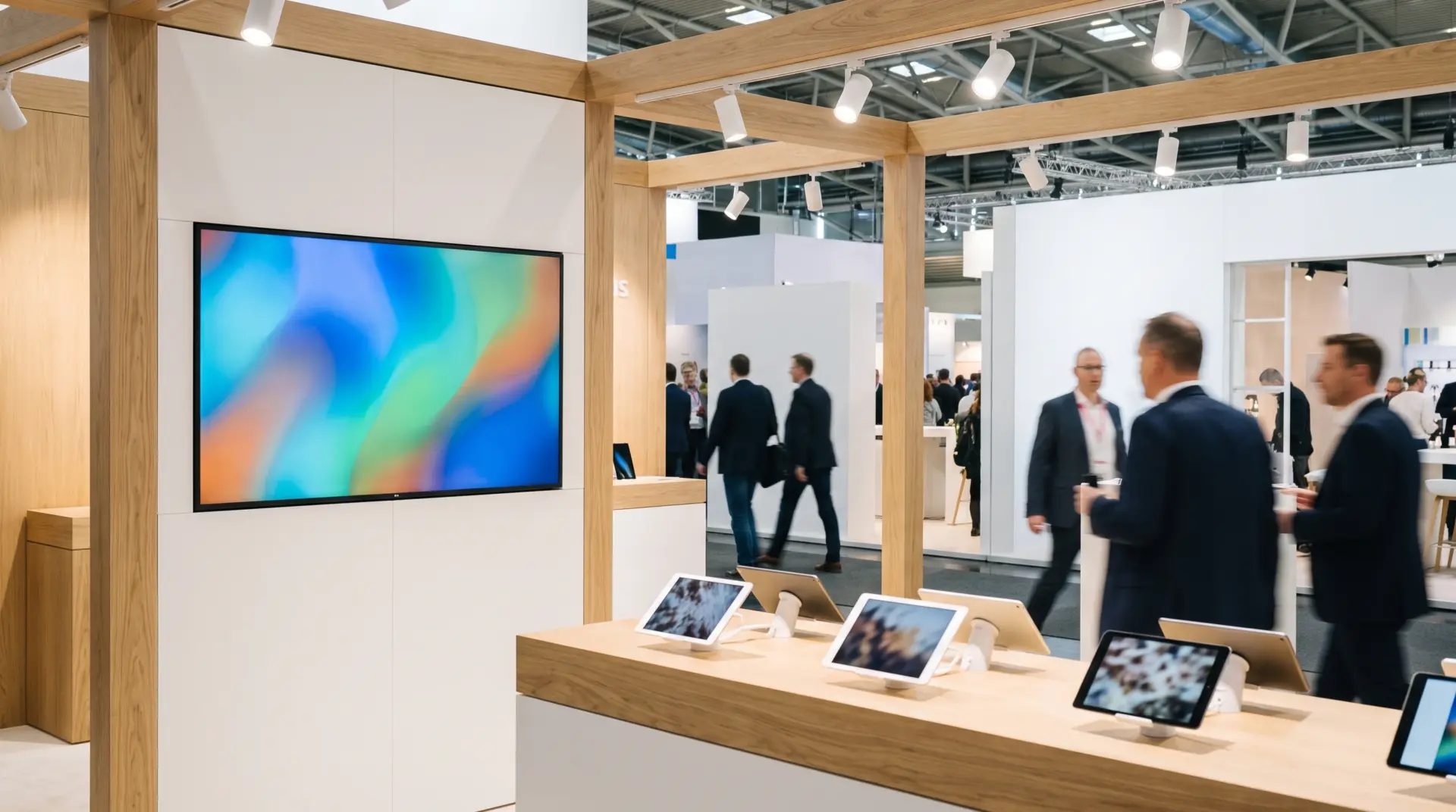 Großes Display an einem modernen Messestand in heller Ausstellungshalle