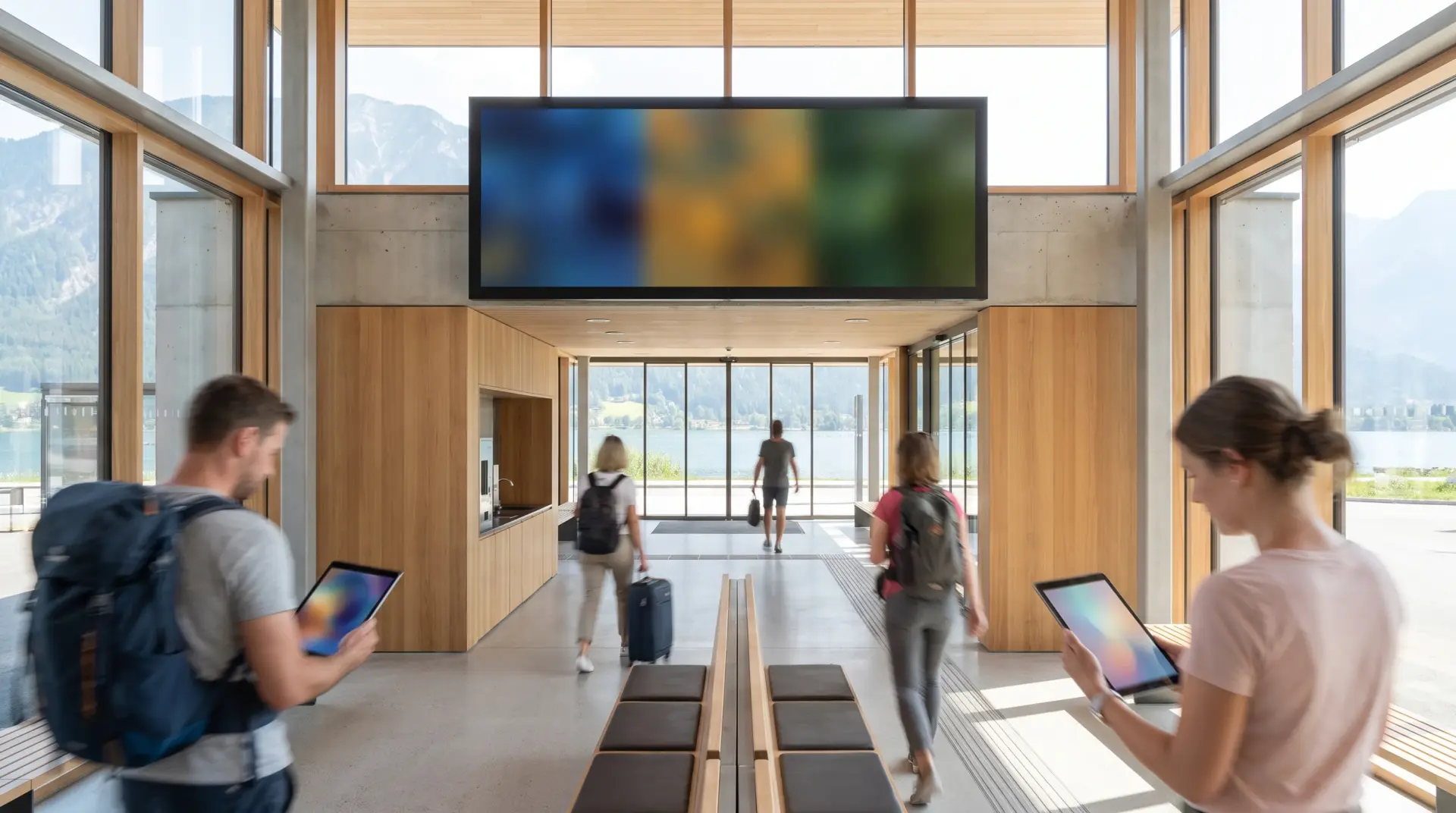 Breites Informationsdisplay über der Halle eines modernen Bahn- und Busbahnhofs