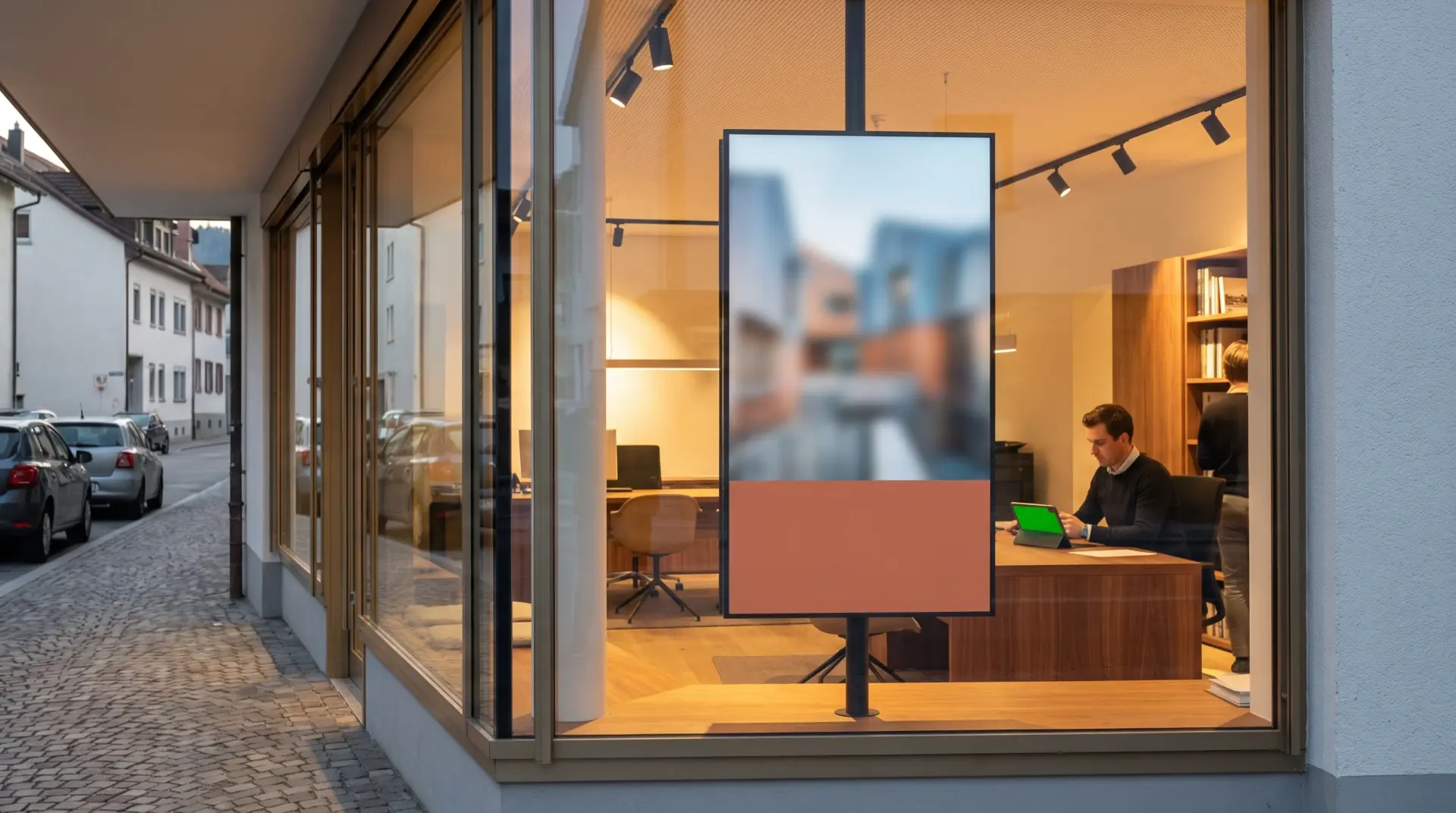 Hochformat-Display im Schaufenster eines Immobilienbüros bei Abendlicht