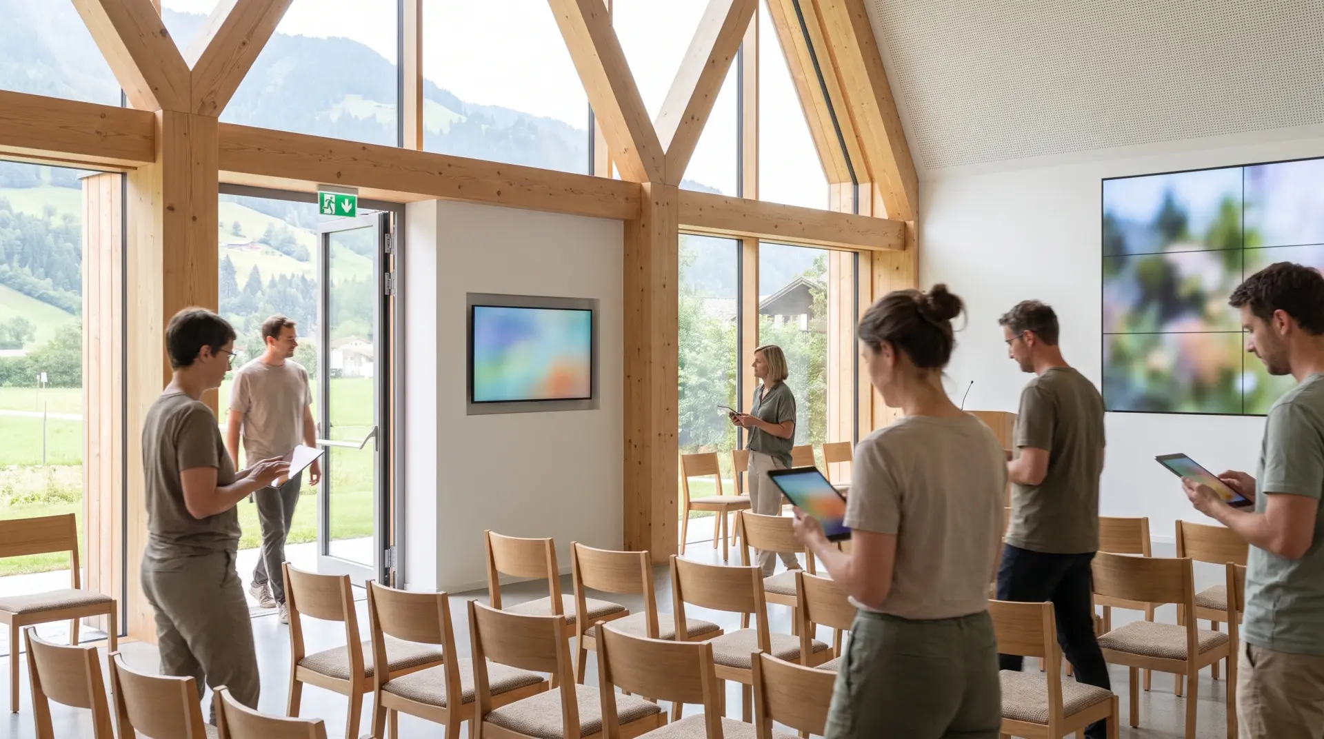 Dezentes Wanddisplay am Eingang eines hellen Gemeindesaals mit Holzbalken