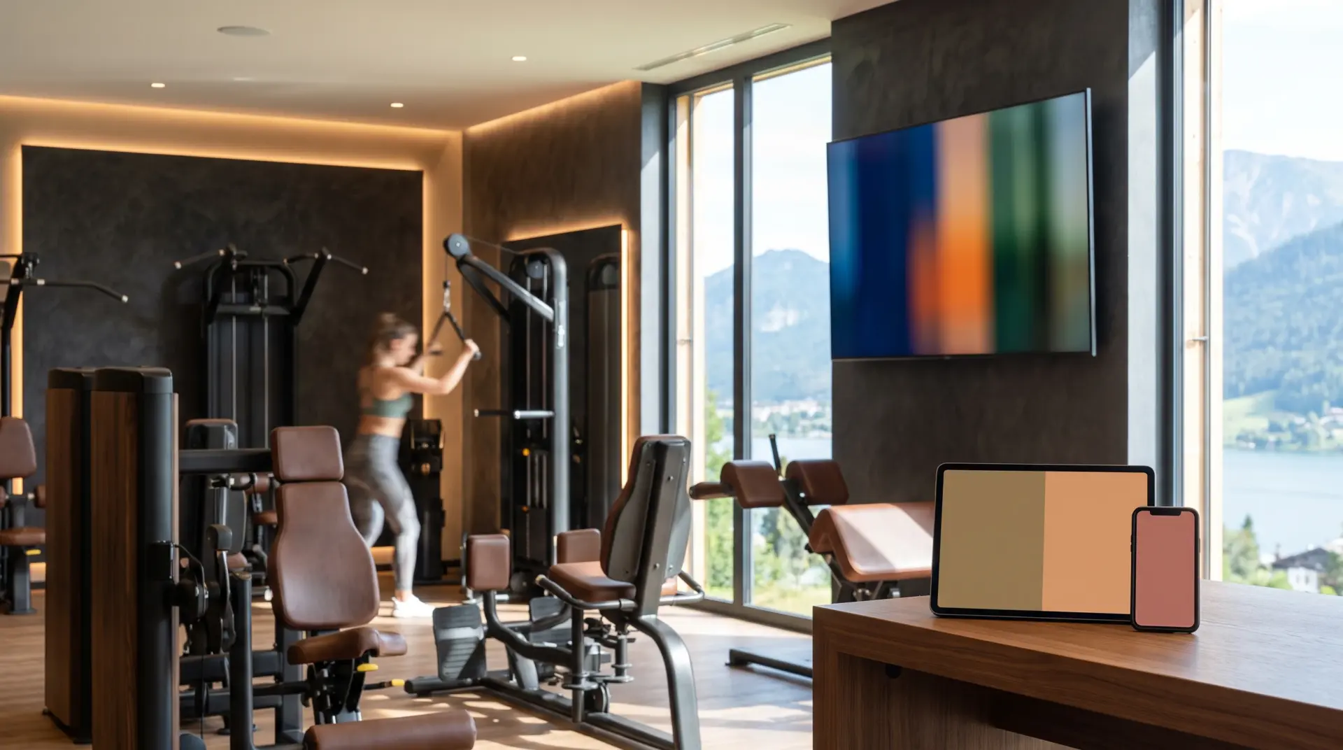 Großes Wanddisplay in einem modernen Fitnessstudio mit Trainingsgeräten