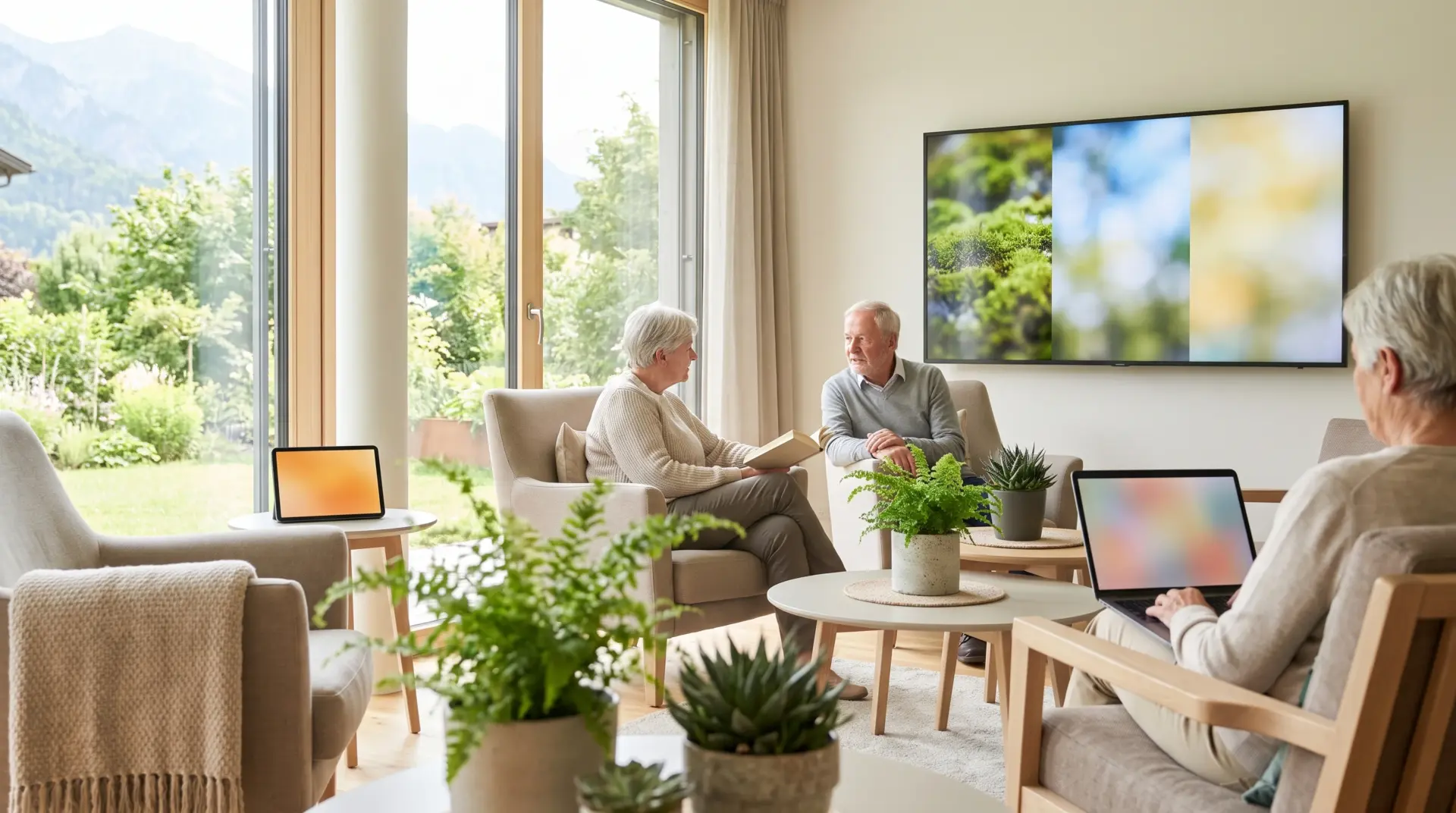 Wanddisplay im hellen Aufenthaltsraum einer modernen Seniorenresidenz mit Gartenblick