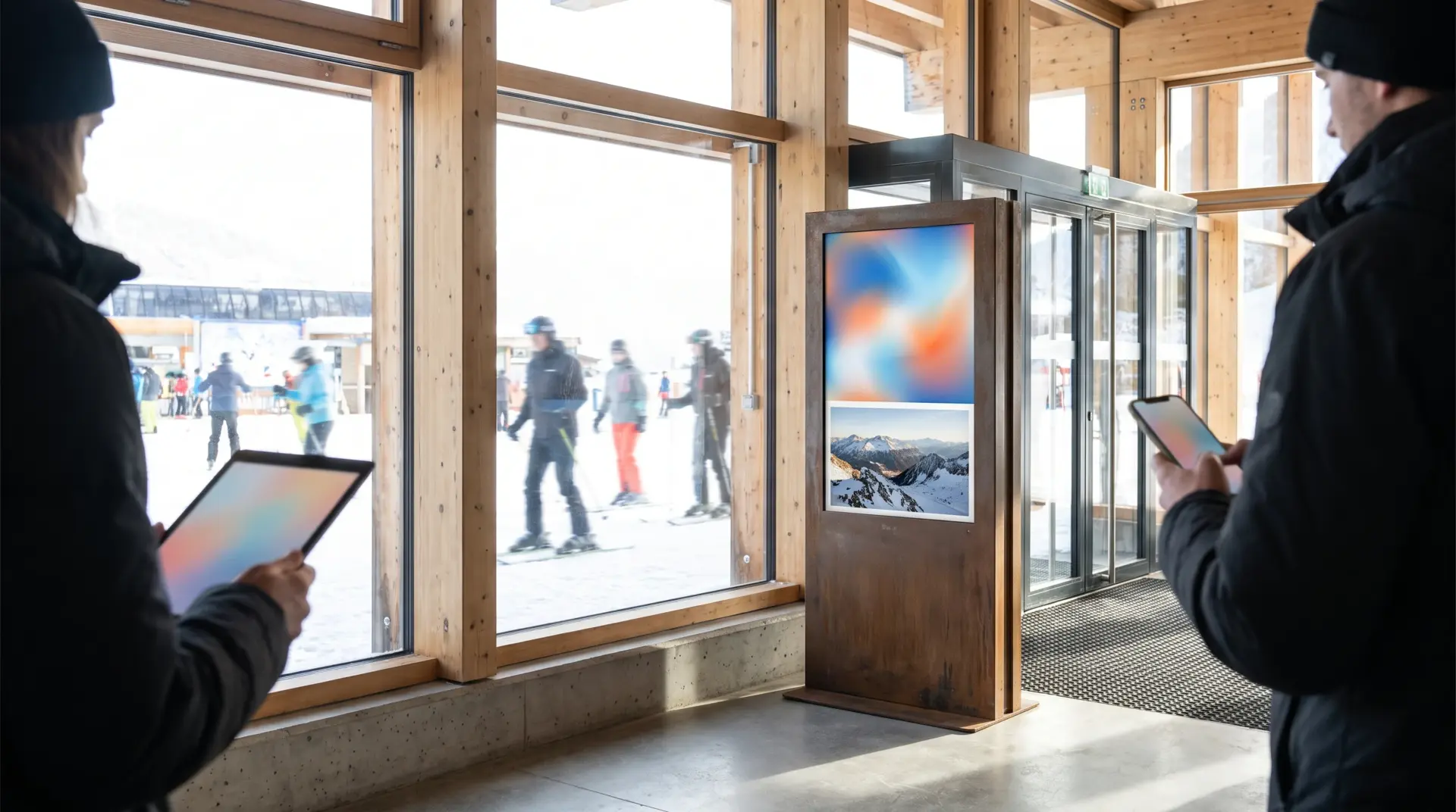 Wetterfeste digitale Informationssäule an der Talstation einer Alpen-Bergbahn im Winter