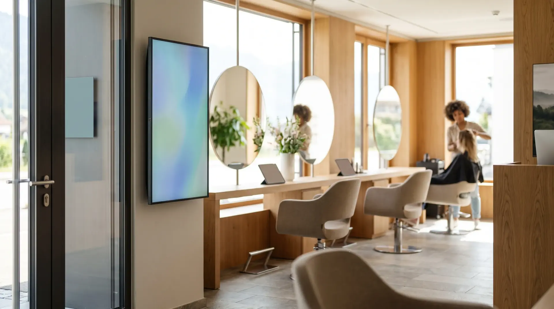 Schlankes Hochformat-Display am Eingang eines modernen Friseursalons
