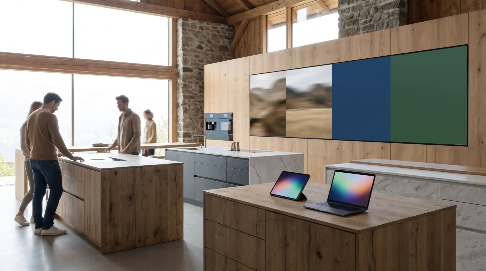 Großes Wanddisplay in einem hellen Küchenstudio mit mehreren Kücheninseln