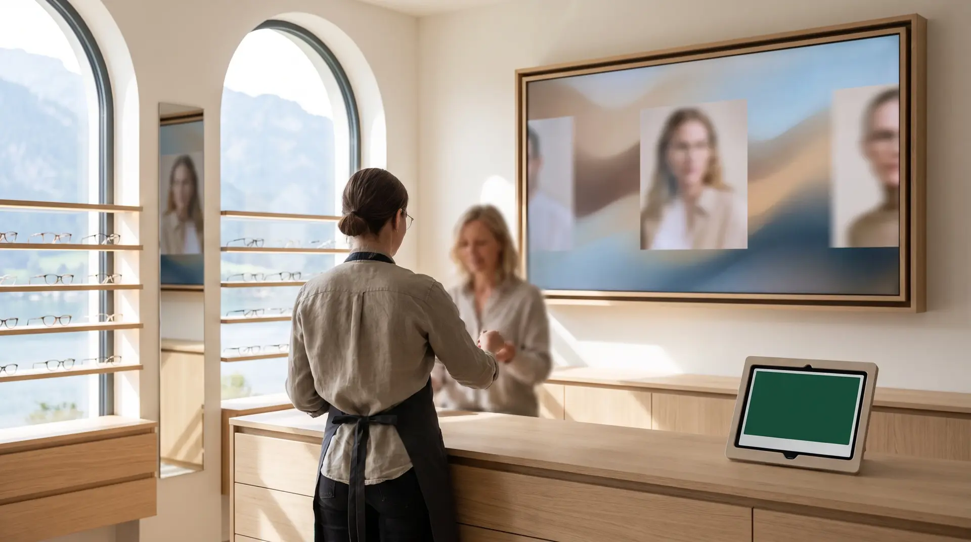 Informationsdisplay über dem Beratungstresen eines modernen Optikergeschäfts