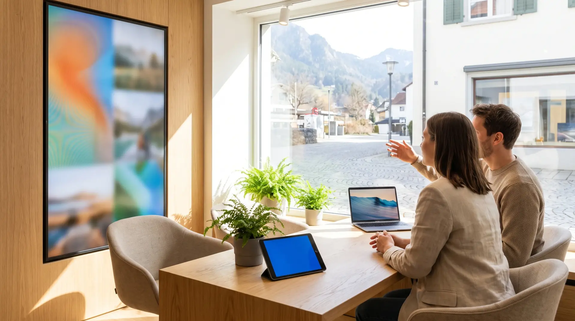 Hochformat-Display neben dem Schaufenster eines modernen Reisebüros