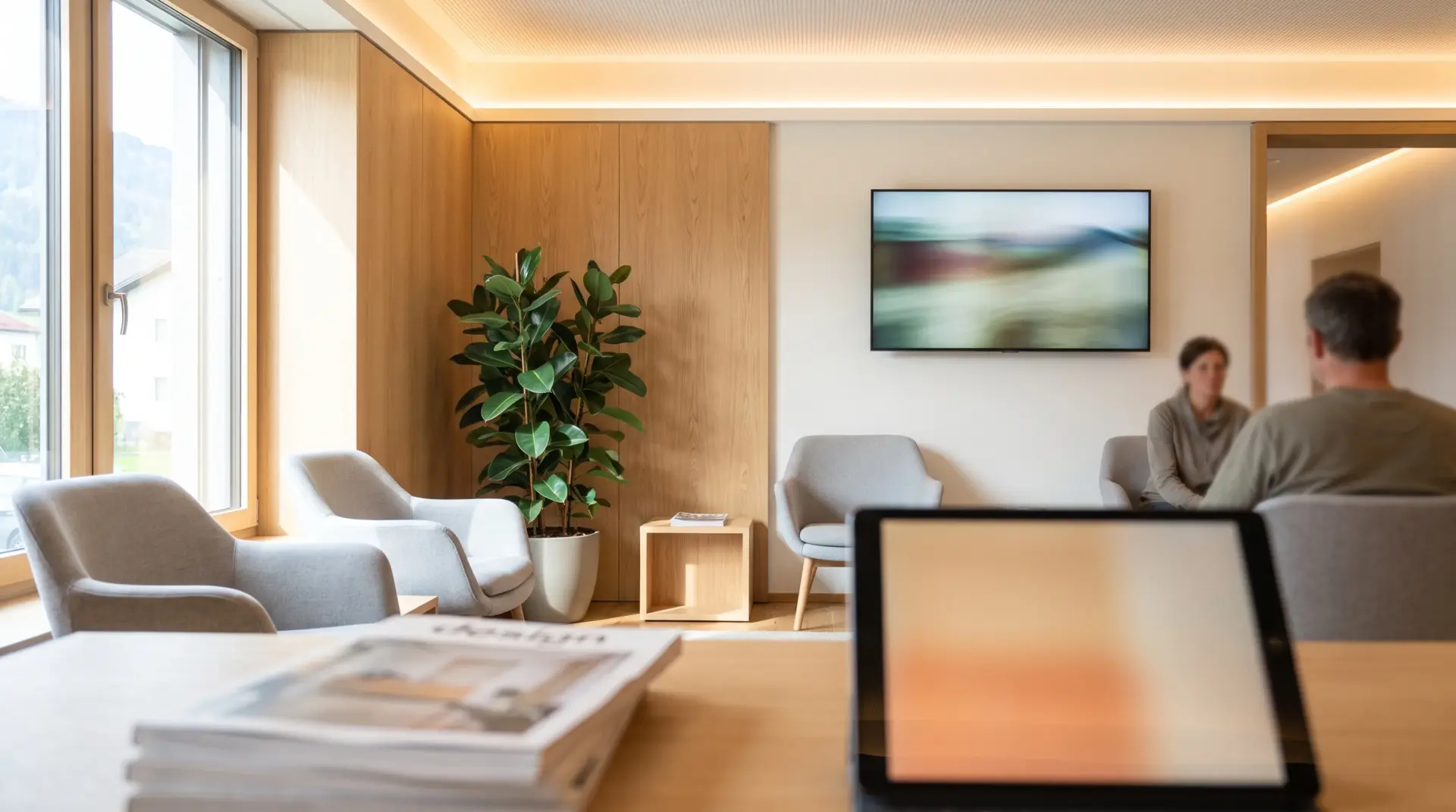 Ruhiges helles Wartezimmer einer modernen Arztpraxis mit wandmontiertem Informationsdisplay
