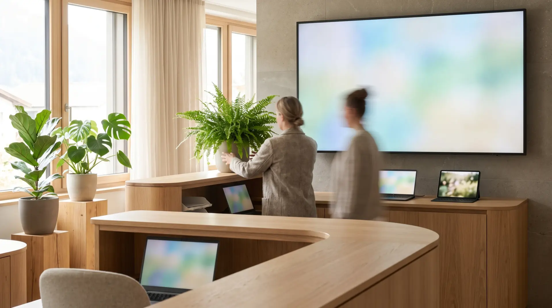 Empfangstresen einer modernen Arztpraxis mit Informationsdisplay an der Wand dahinter
