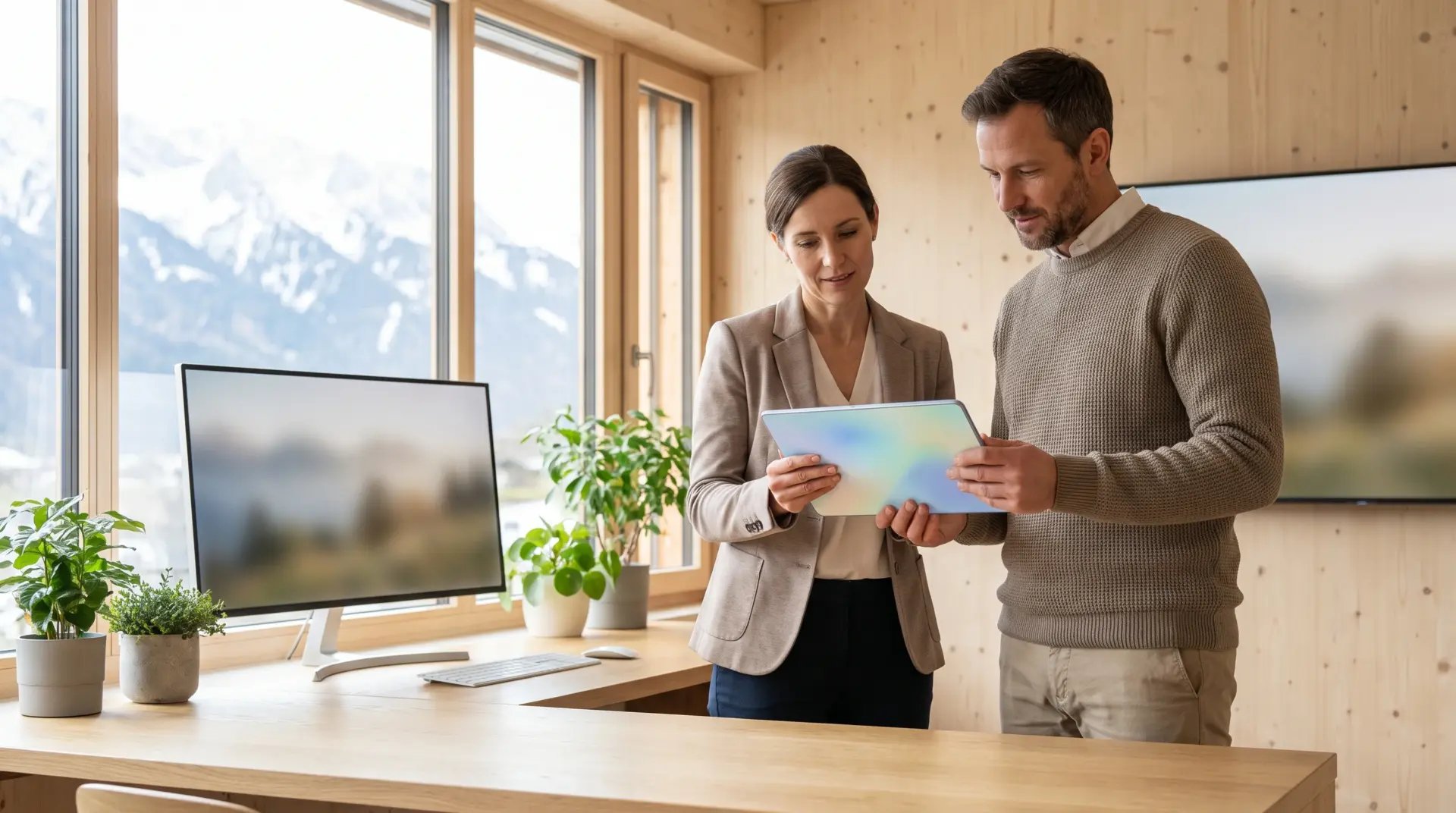 Beraterin und Praxismanagerin besprechen die Planung der Bildschirmflächen an einem Tablet