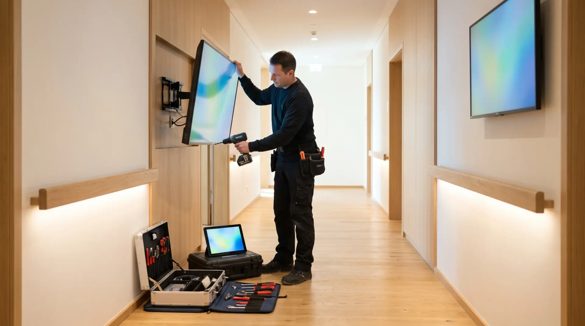 Servicetechniker montiert ein Display an der Wand eines hellen Praxisflurs
