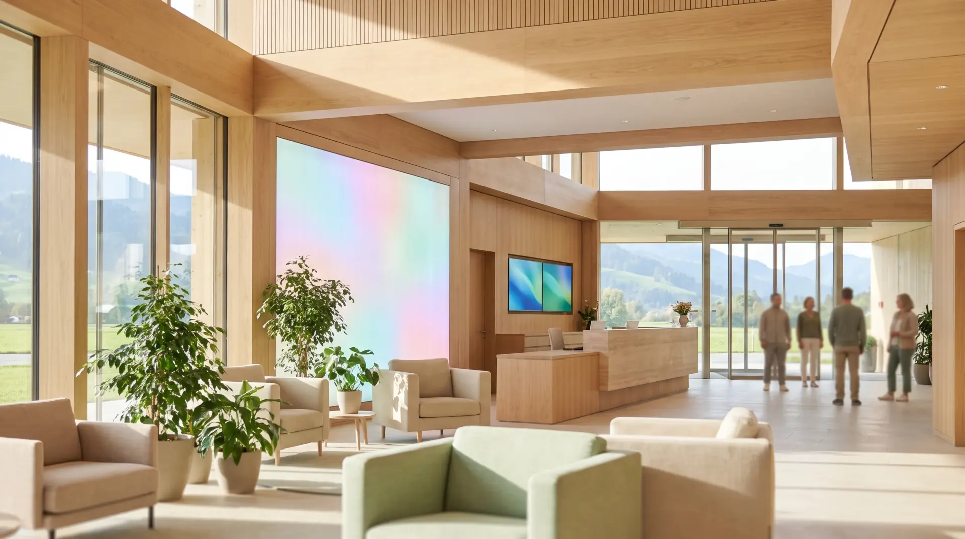 Helles Eingangsfoyer eines modernen Gesundheitszentrums mit großem Informationsdisplay