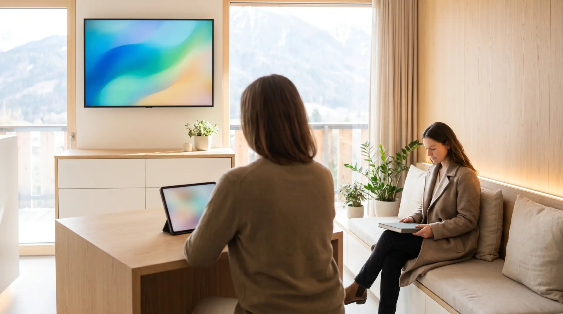 Moderner Empfangsbereich einer Zahnarztpraxis mit Display über dem Tresen