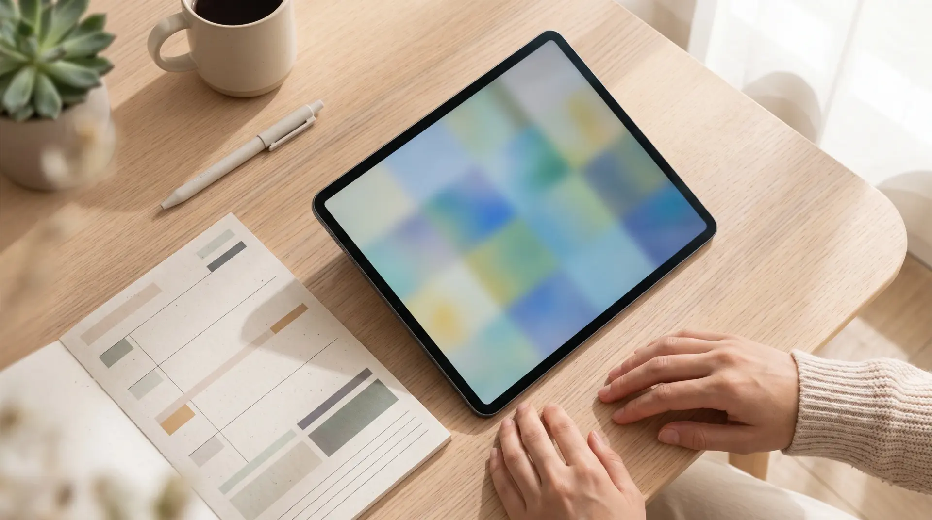 Wochenplan, Tablet und Stift auf einem hellen Schreibtisch zur Planung der Bildschirminhalte