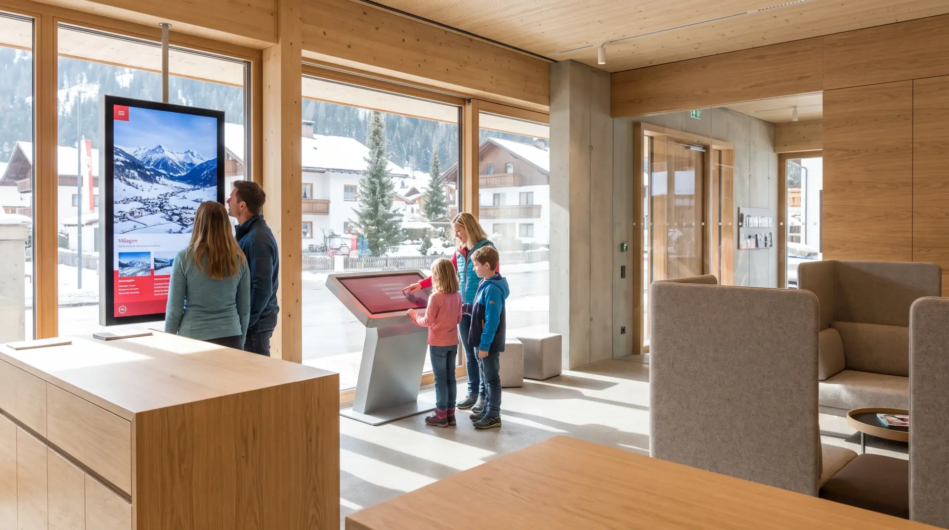 Gäste holen sich Destinations-Informationen am Touch-Terminal in einem modernen Tourismusbüro im Alpenort