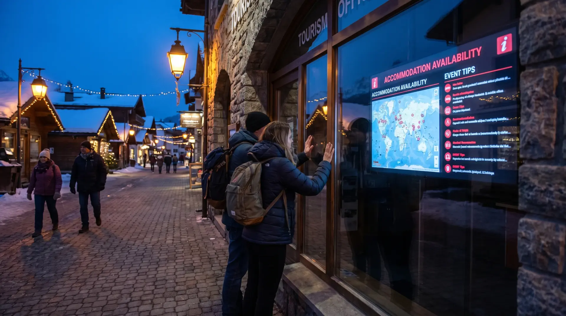 Gästepaar bedient das digitale Schaufenster des geschlossenen Tourismusbüros durch die Glasscheibe