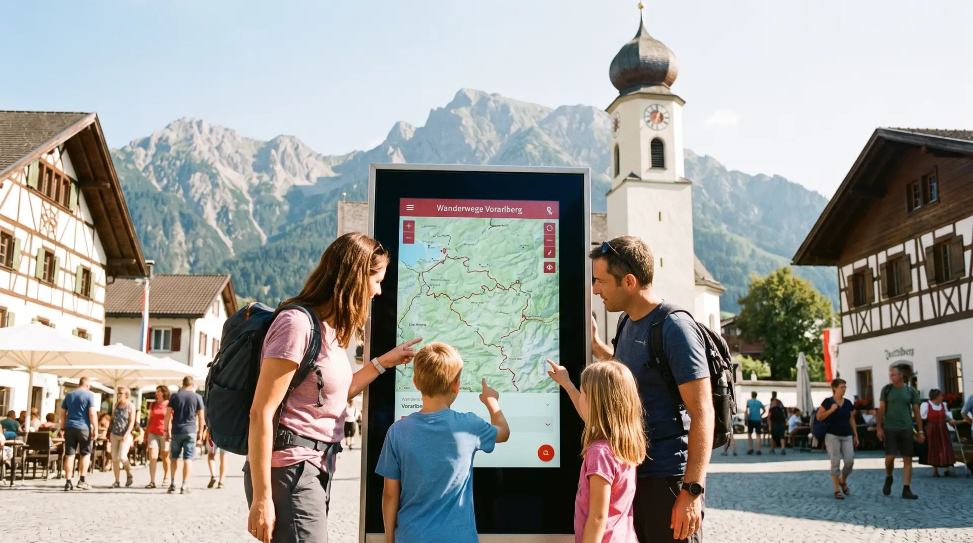 Familie liest Wanderweg-Informationen an einer wetterfesten Outdoor-Stele am Dorfplatz mit Bergkulisse