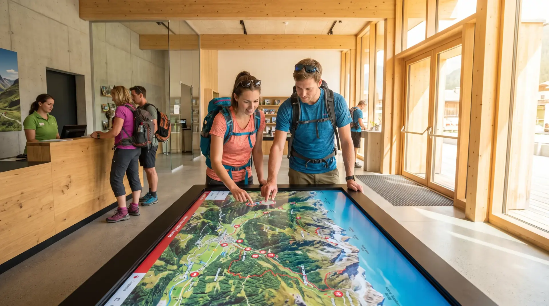 Zwei Gäste zoomen in eine interaktive Regionskarte auf einem Multi-Touch-Tisch im Besucherzentrum