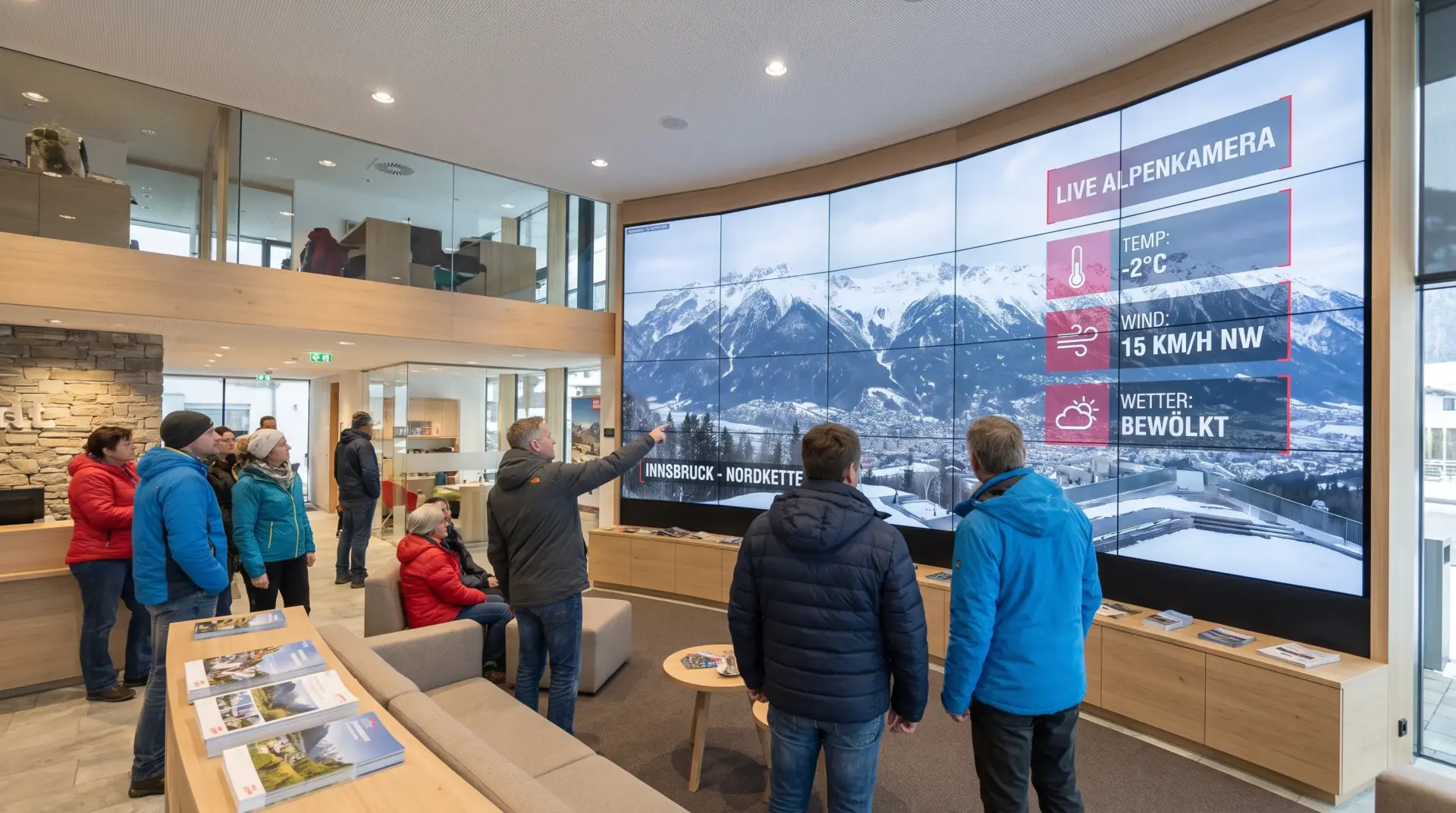 Große Panorama-Displaywand zeigt Live-Bergpanorama mit Wetterdaten im Tourismusbüro