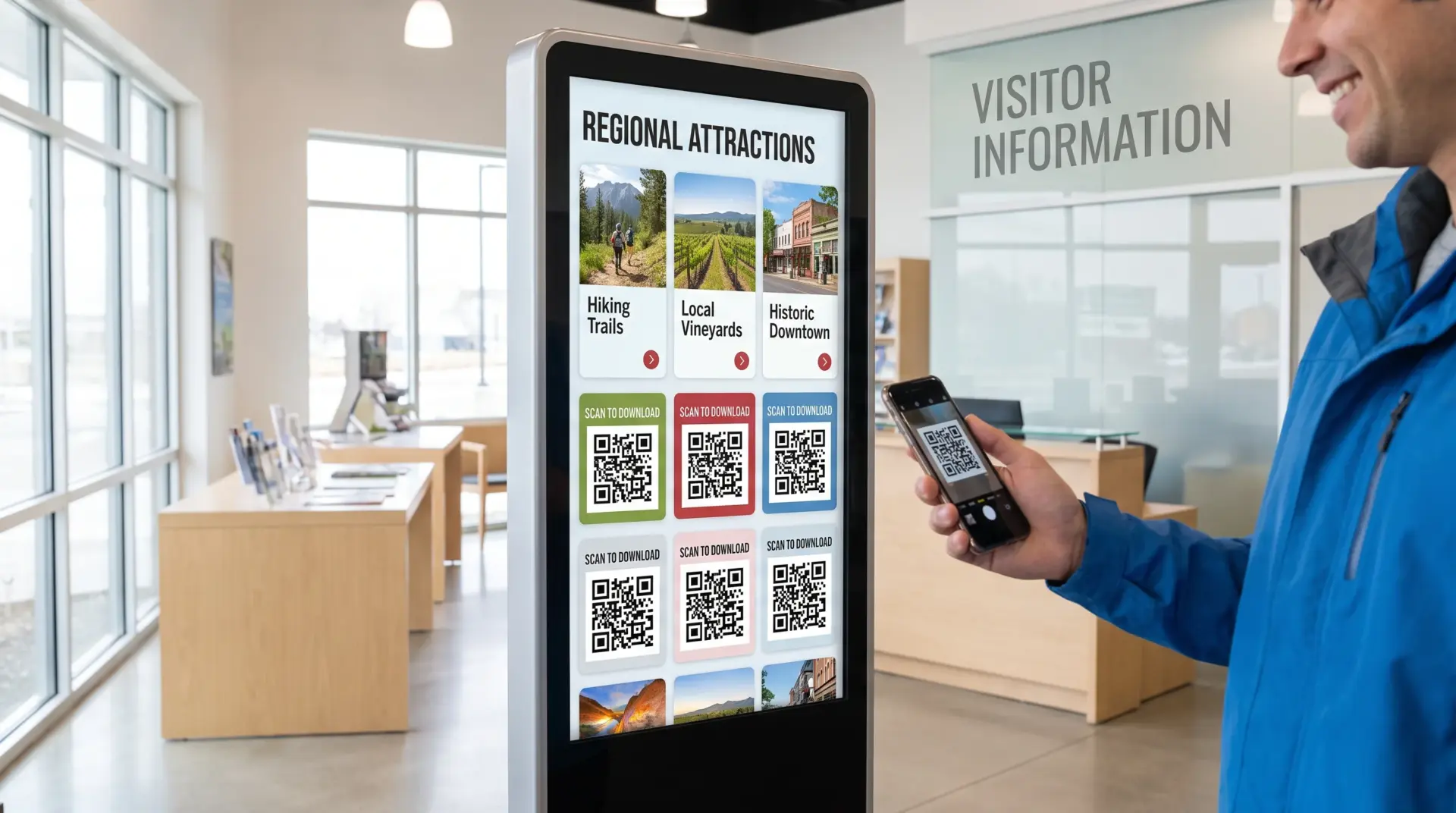 Gast scannt einen QR-Code am digitalen Prospektständer, um Inhalte aufs Smartphone mitzunehmen