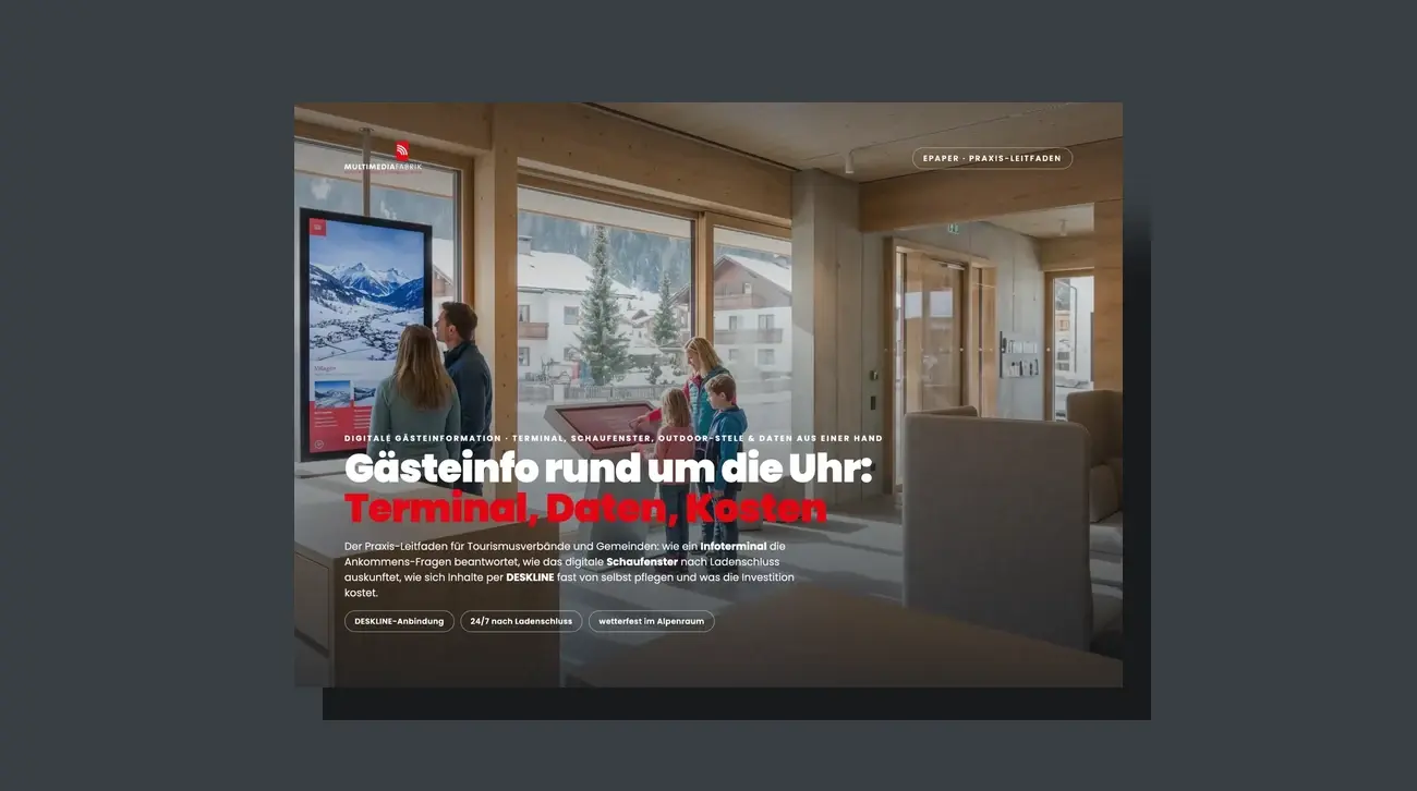 3D-Broschüren-Mockup des Leitfadens Gästeinfo rund um die Uhr: Terminal, Daten, Kosten