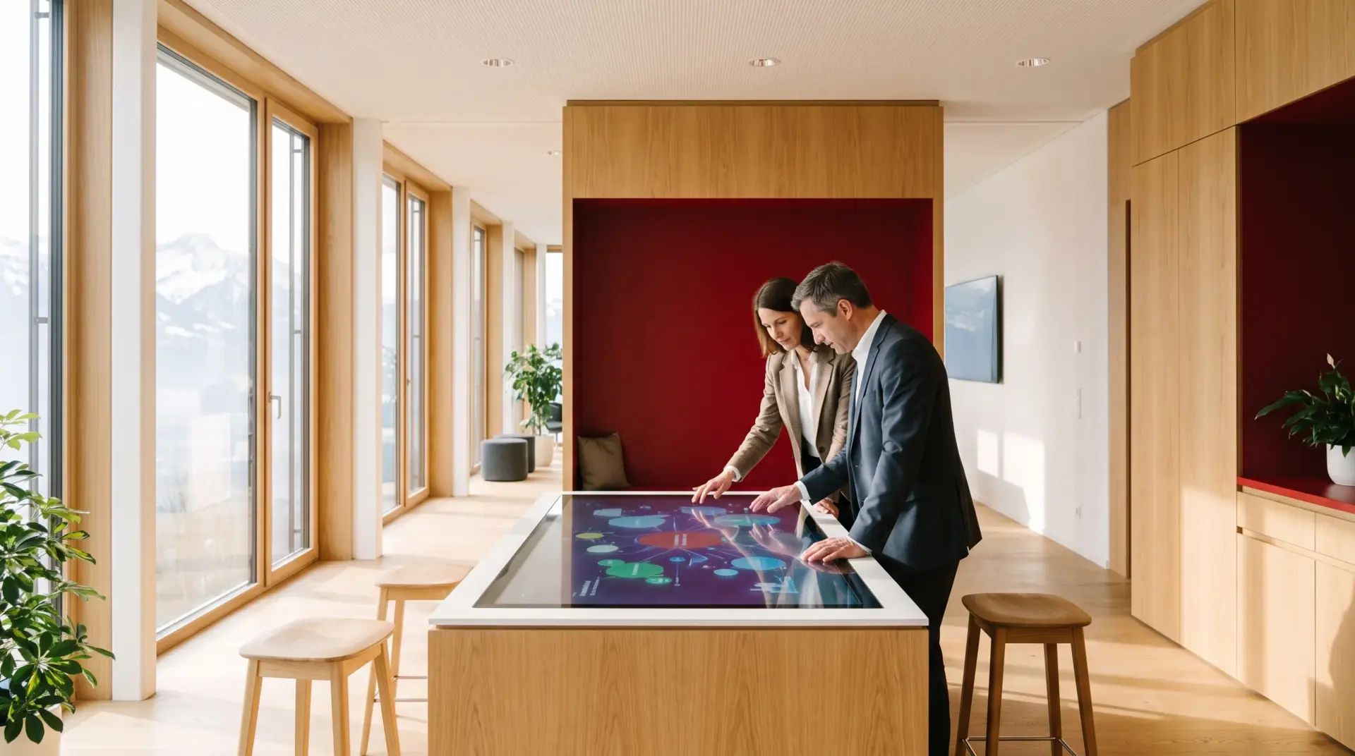 Interaktive Markenwelt mit Multi-Touch-Tisch und roter Akzentwand in heller Vorarlberger Holzarchitektur