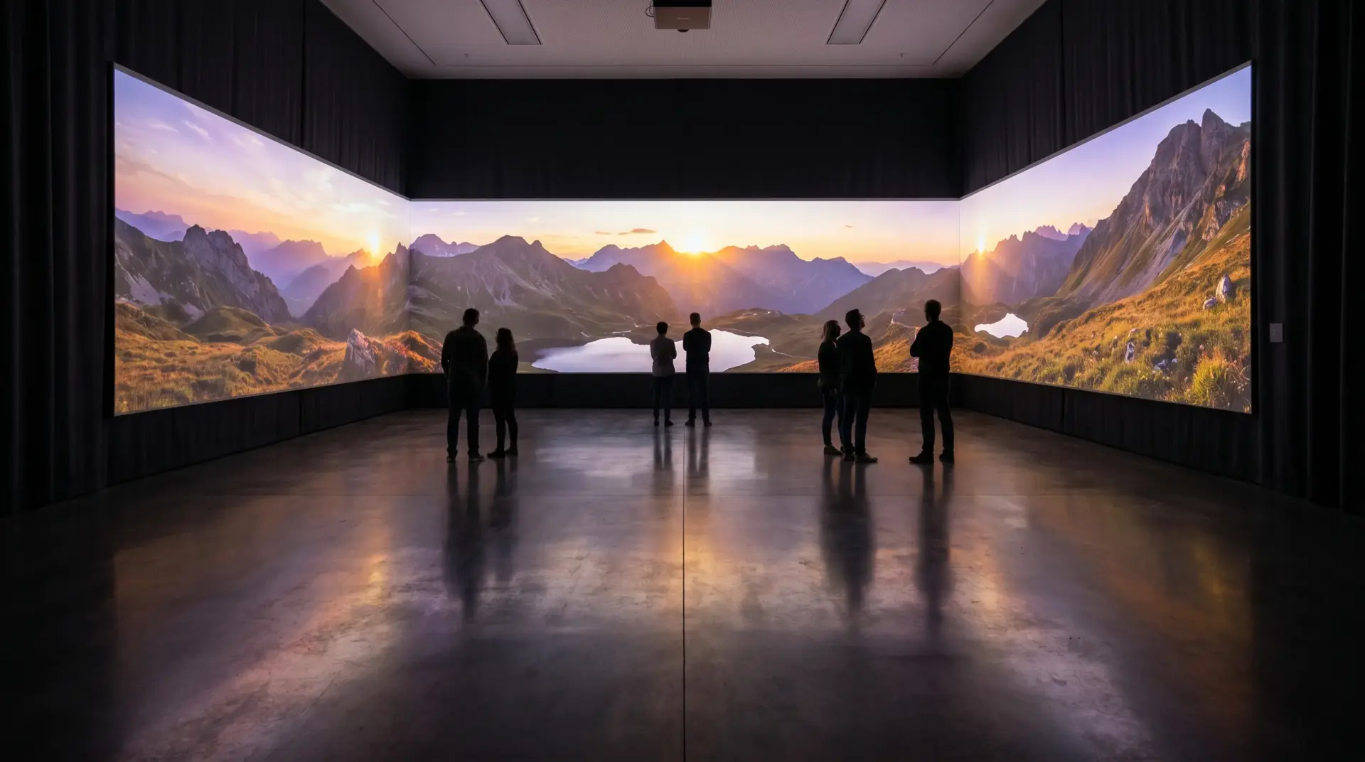 Immersiver Erlebnisraum mit Panorama-Projektion eines Alpenpanoramas und Besuchern