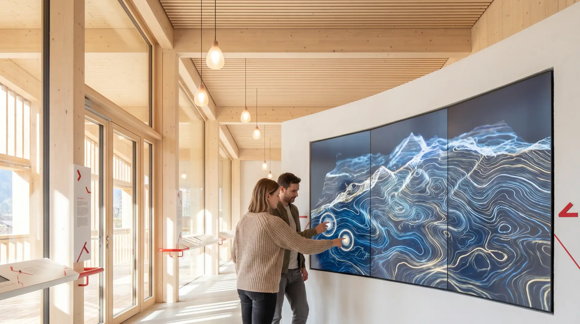 Zwei Besucher erkunden eine interaktive Touch-Wand mit topografischer Alpenkarte in einem hellen Besucherzentrum