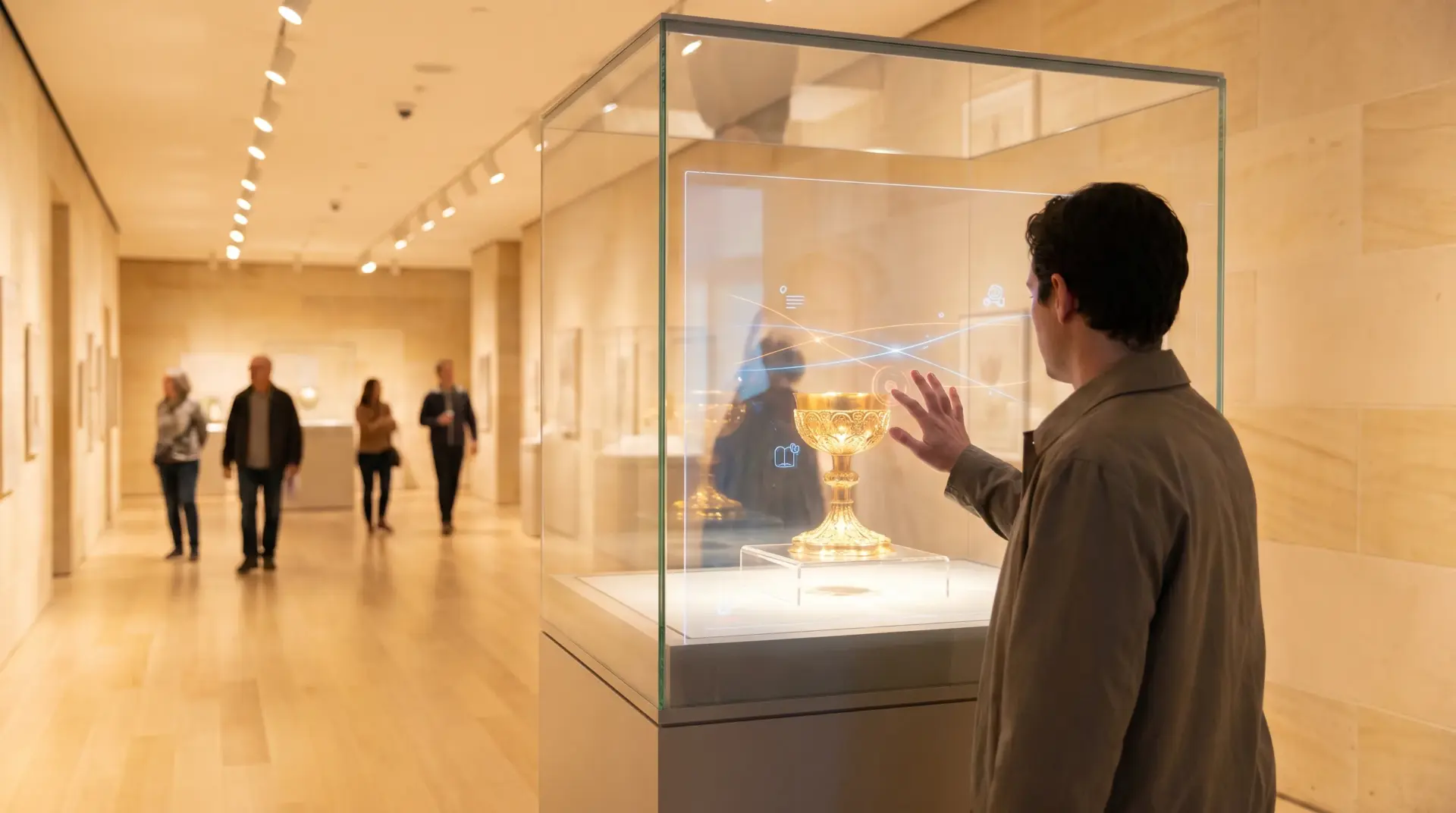 Besucher bedient eine interaktive Vitrine mit transparentem Touch-Display vor einem historischen Exponat