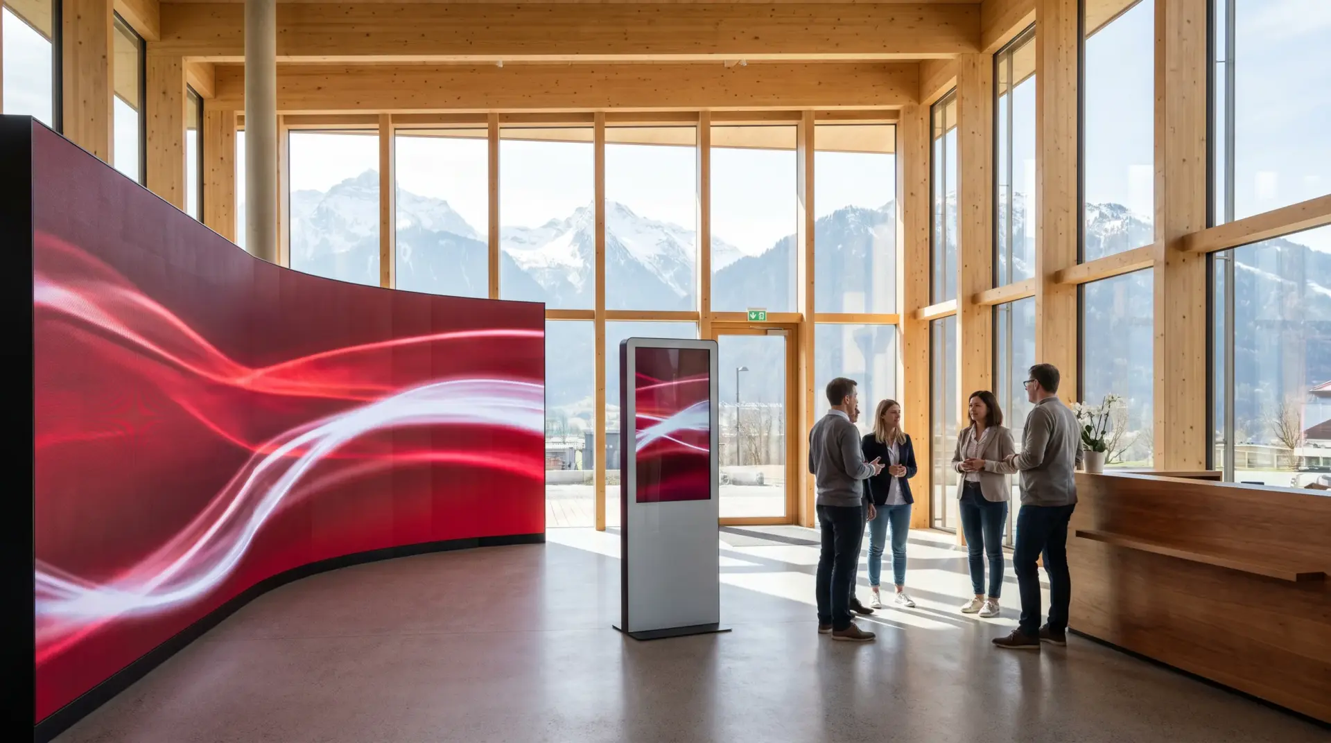 Modernes Besucherzentrum mit geschwungener LED-Wand, Digital-Signage-Stele und Bergblick in Holzarchitektur