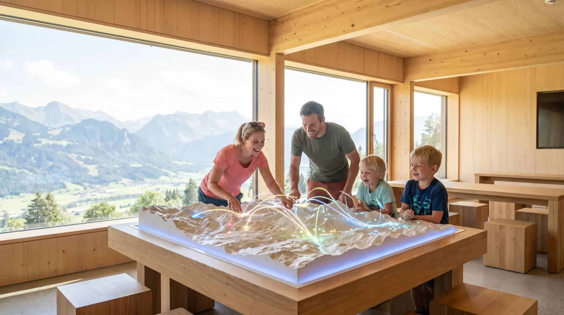 Familie erkundet eine interaktive 3D-Reliefkarte eines Alpentals in einem hellen Tourismus-Erlebnisraum