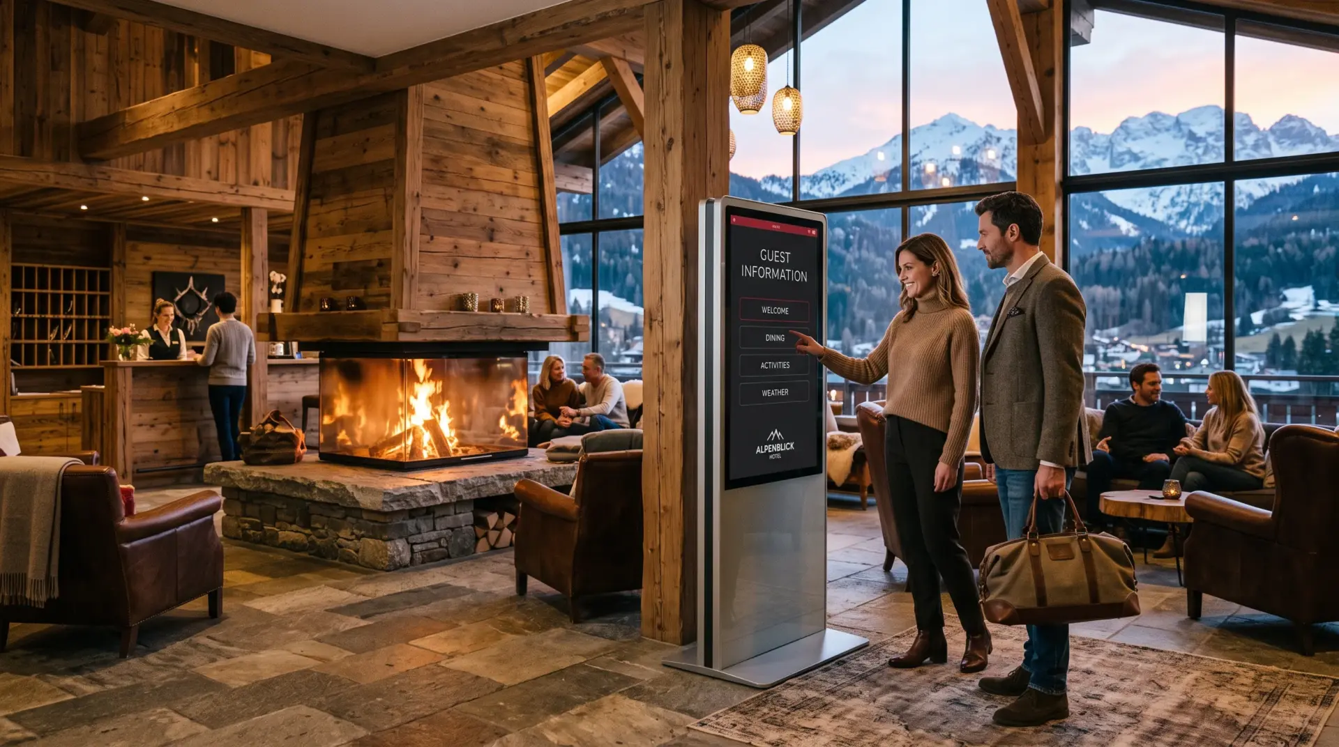 Gäste bedienen ein freistehendes Infoterminal in einer eleganten alpinen Hotel-Lobby mit Kamin und Bergblick